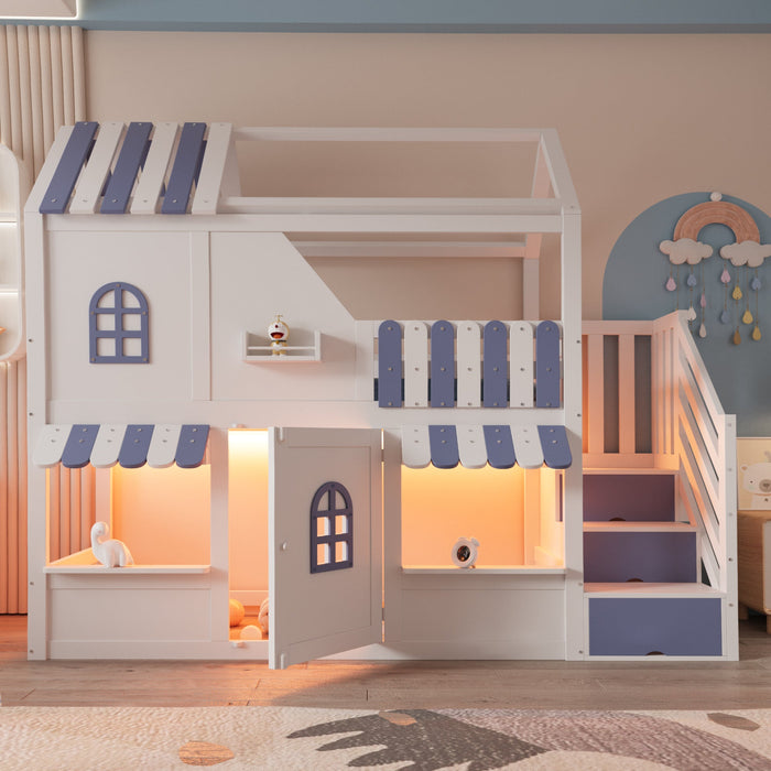 Children's Bunk Bed with House-Shaped Design, Storage Ladder, LED and Shelves, 90x200cm, White + Blue