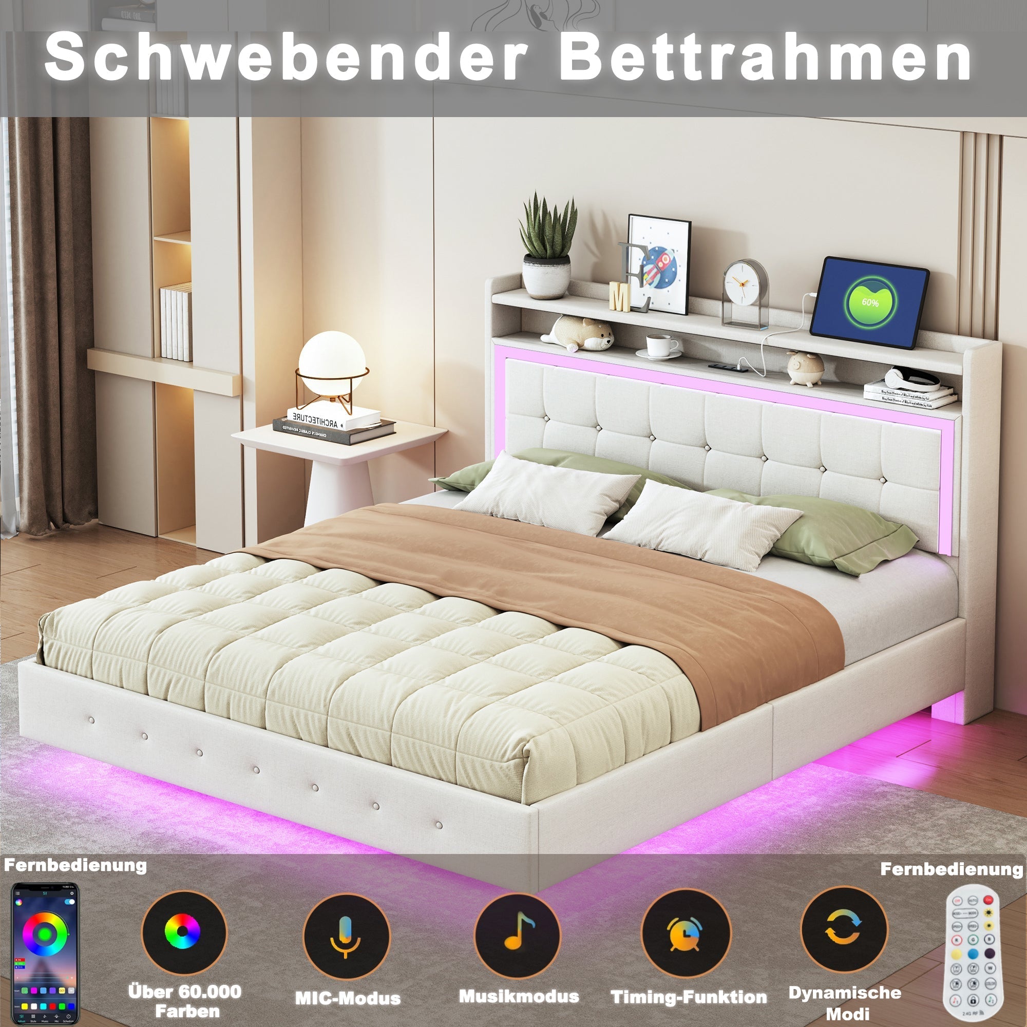 Upholstered Bed 160*200, USB & LED, Double Flat, Linen Fabric Beige