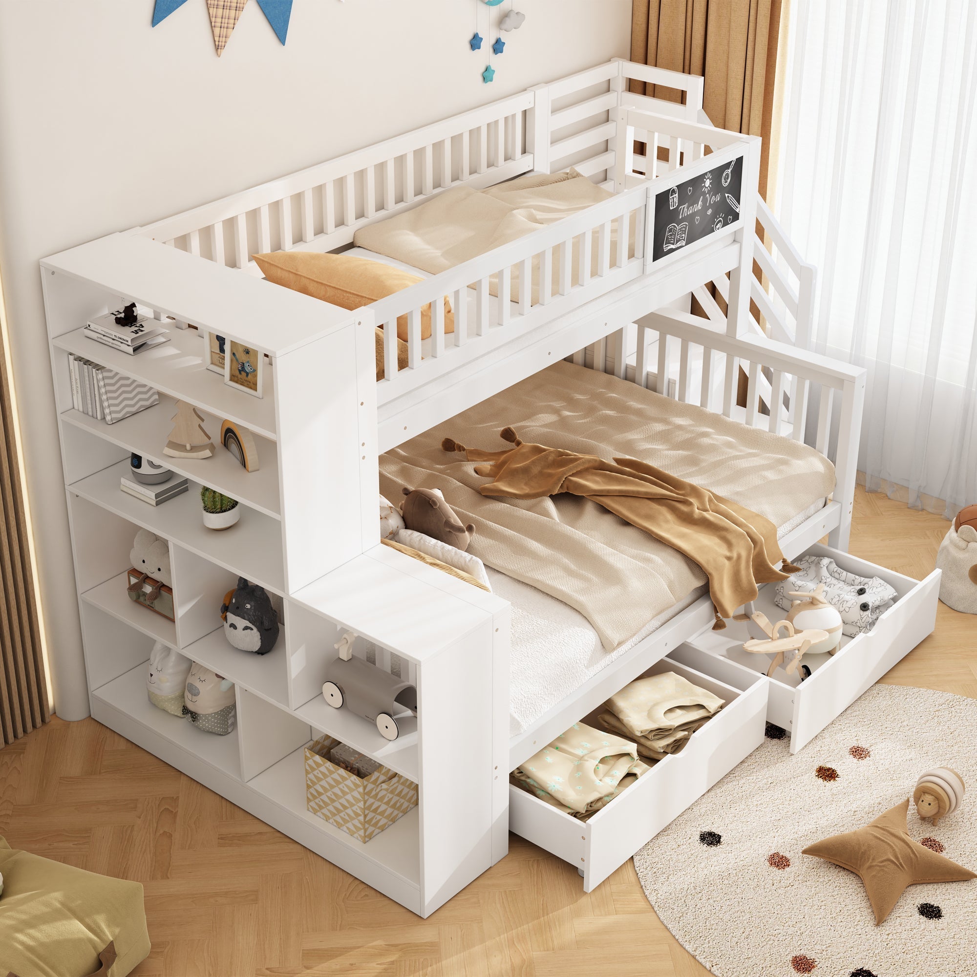 House Bunk Bed Multifunctional Graffiti Board Stairs Storage Drawers 140x200 & 90x200 - White