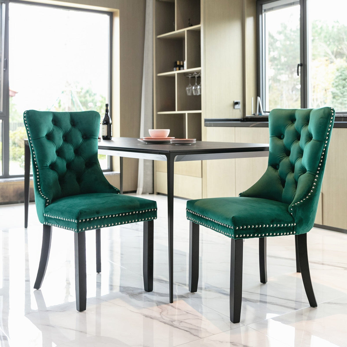 Nikki Collection Tufted Upholstered Dining Chair Wood Legs Nailhead Trim Set of 2 - Green Velvet