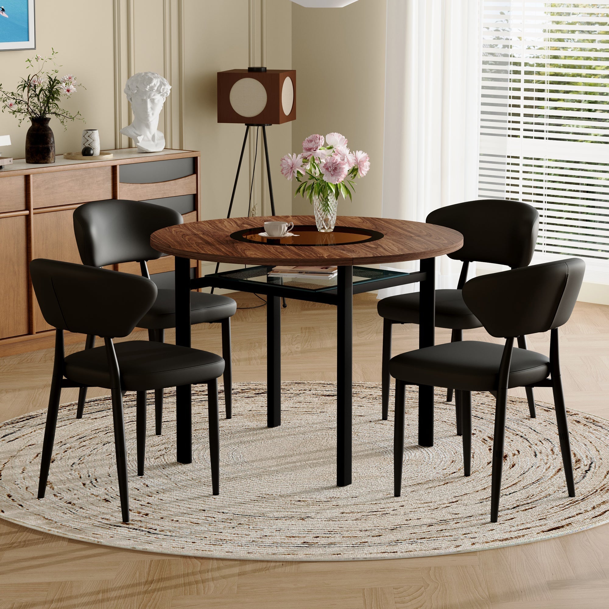 Round Dining Set 100cm Minimalist Table 4 PU Armchairs - Wood Look/Black