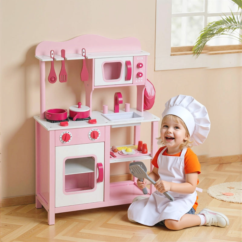 Children's Play Kitchen with Wooden Accessories and Sound Effects, Pink