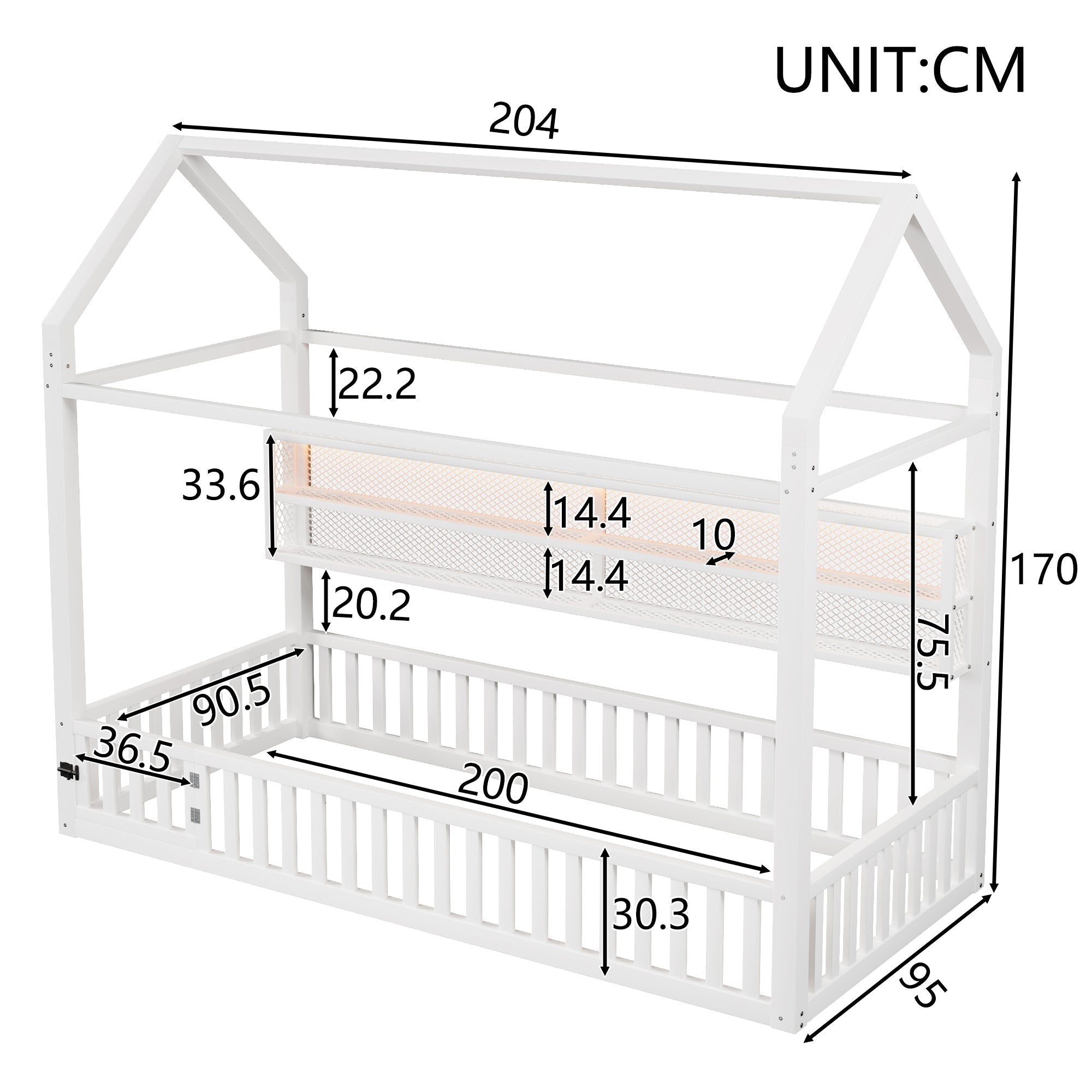 House-Shaped Platform Bed with Fence and LED Lighting, 90x200cm, White Metal