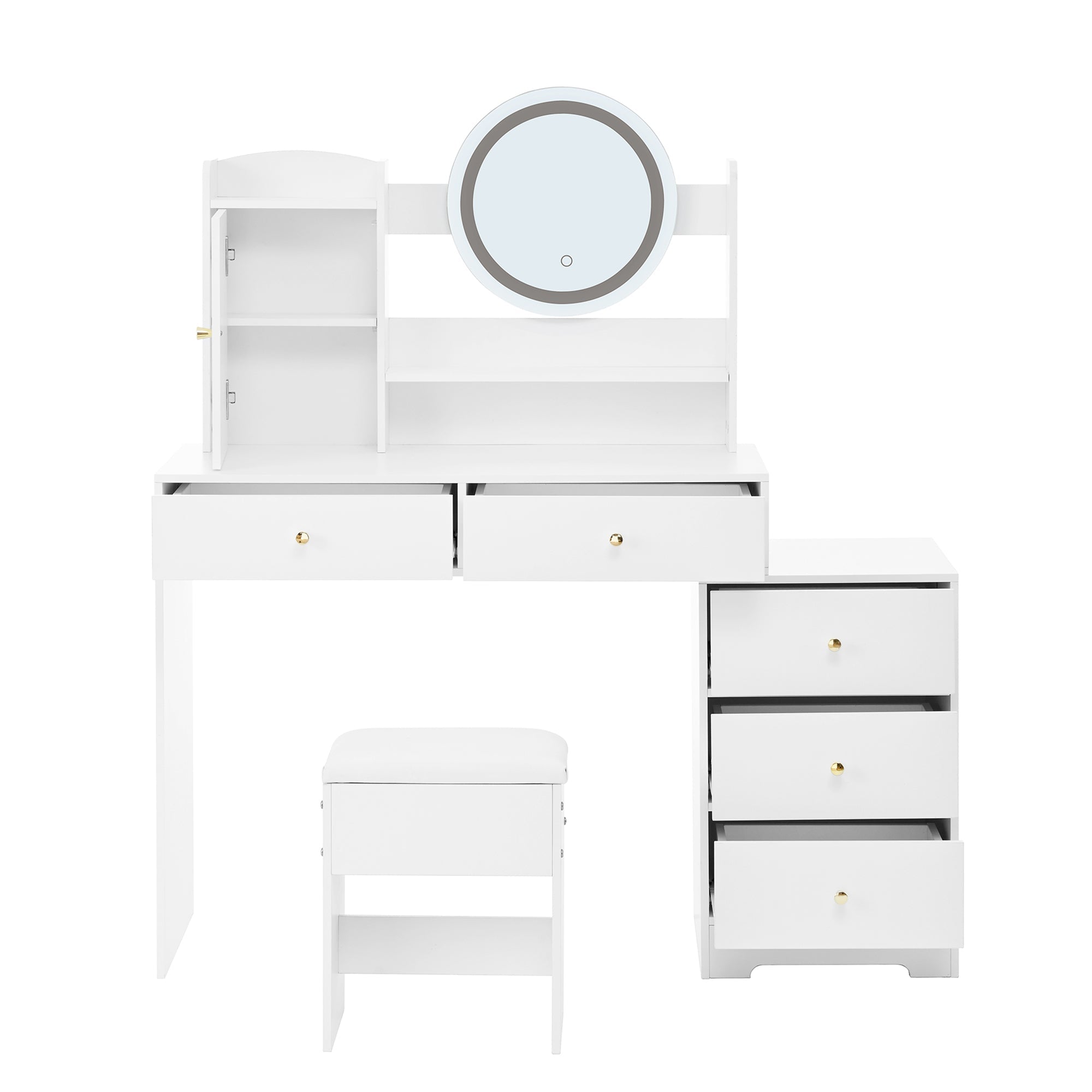 Dressing Table with Dimmable LED Lighting, Integrated Outlets, Mirror, Stool, 5 Drawers, Door Compartment, White
