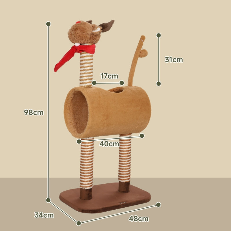 Katzenbaum 98cm Reh-Design, Höhle, Spielball, Jutestämme Braun