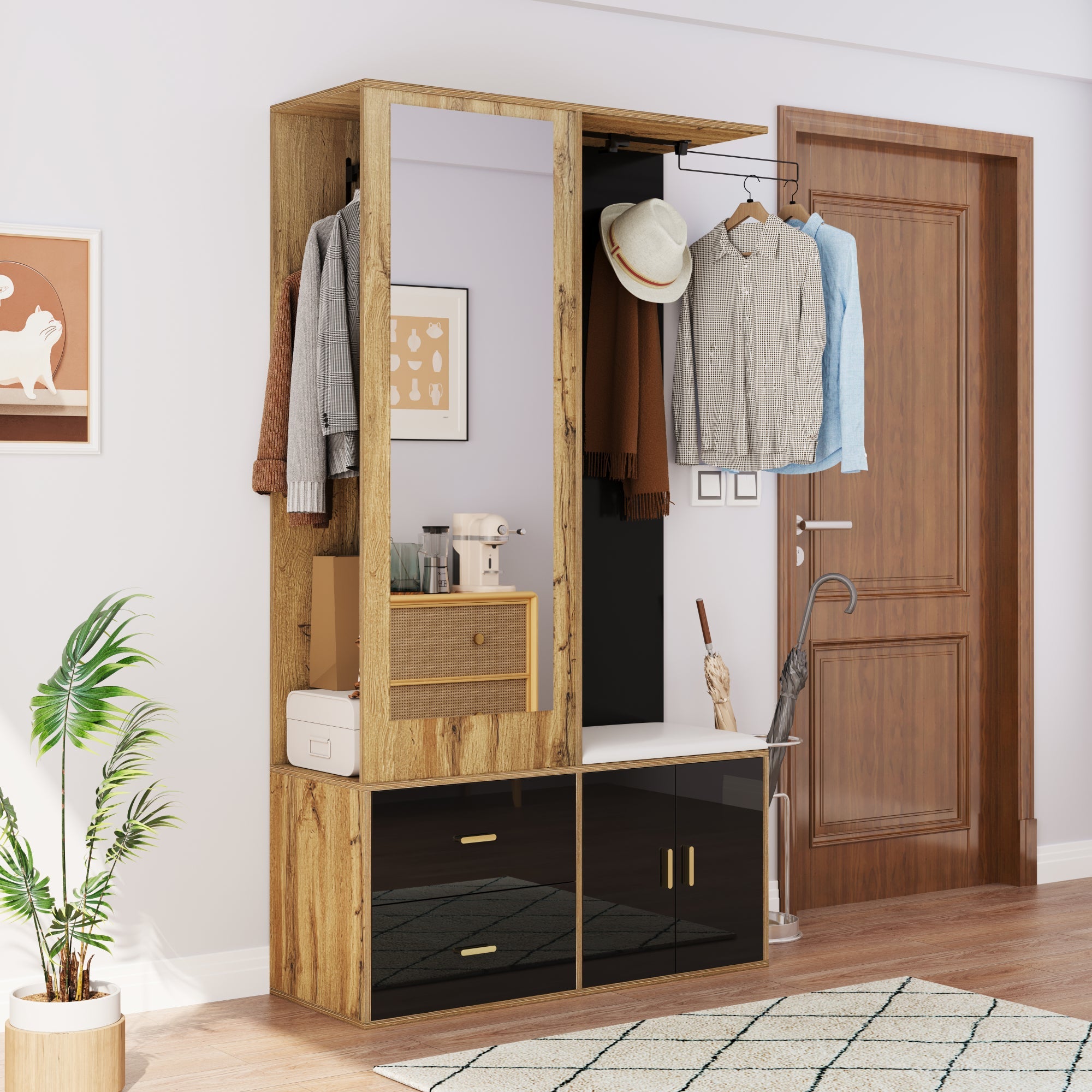 Wardrobe Set with Mirror, Shoe Cabinet & Bench, Black and Wood