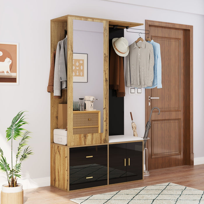 Wardrobe Set with Mirror, Shoe Cabinet & Bench, Black and Wood