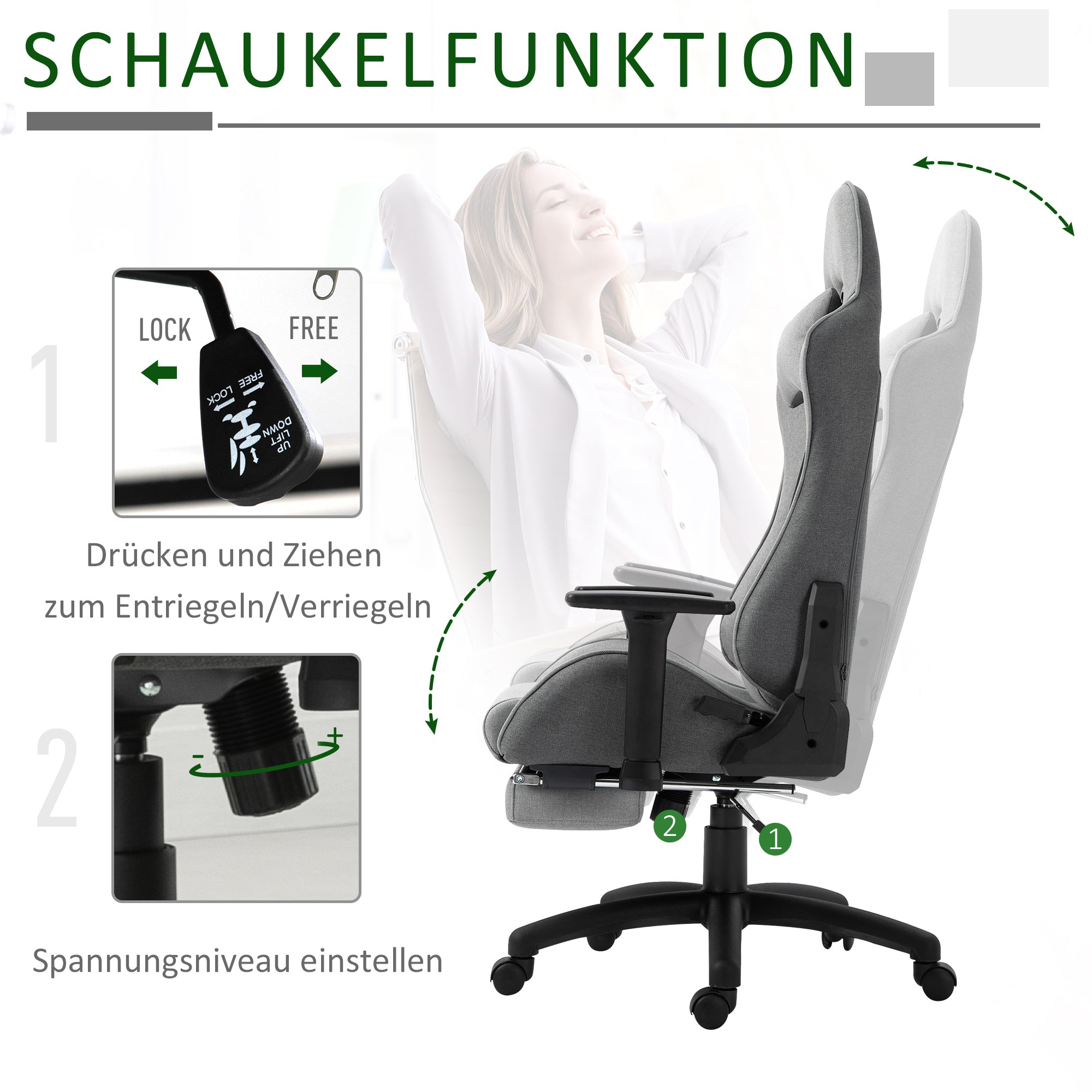 Vinsetto Office Chair, Adjustable Armrests, Lumbar Cushions, Rocker Function, Grey Fabric