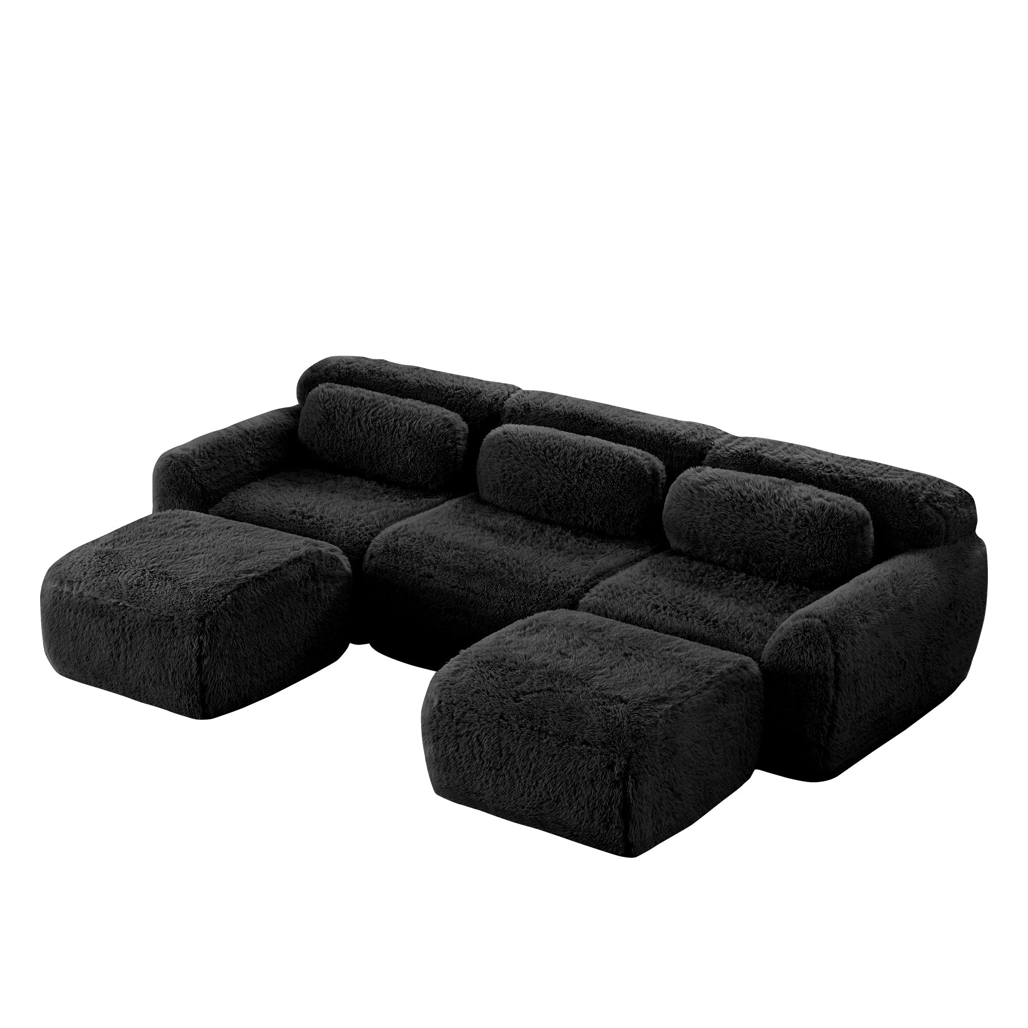 U-shaped Modular Sofa Plush Fabric No Assembly With Cushions - Black