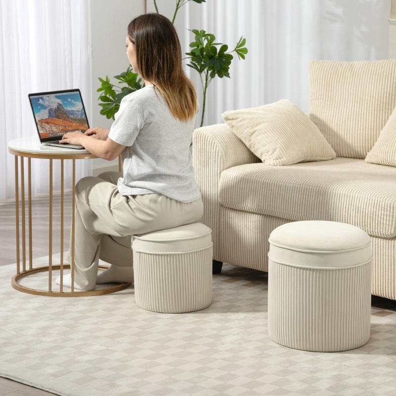 Set of 2 Ottomans with Lids Round Storage Velvet Look - Cream White