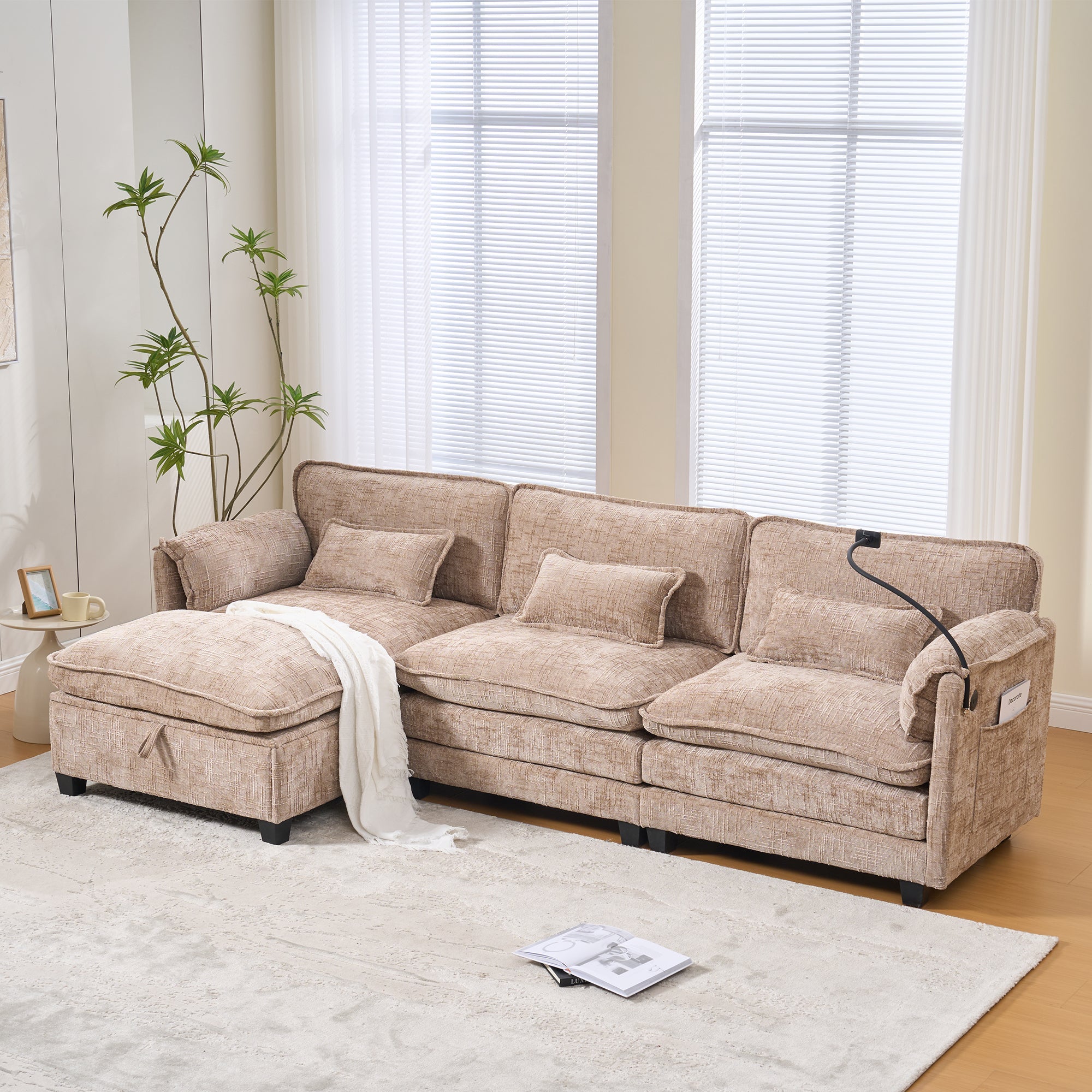 Modern 2-seater Sofa USB Storage Modular Footstool - Khaki Chenille