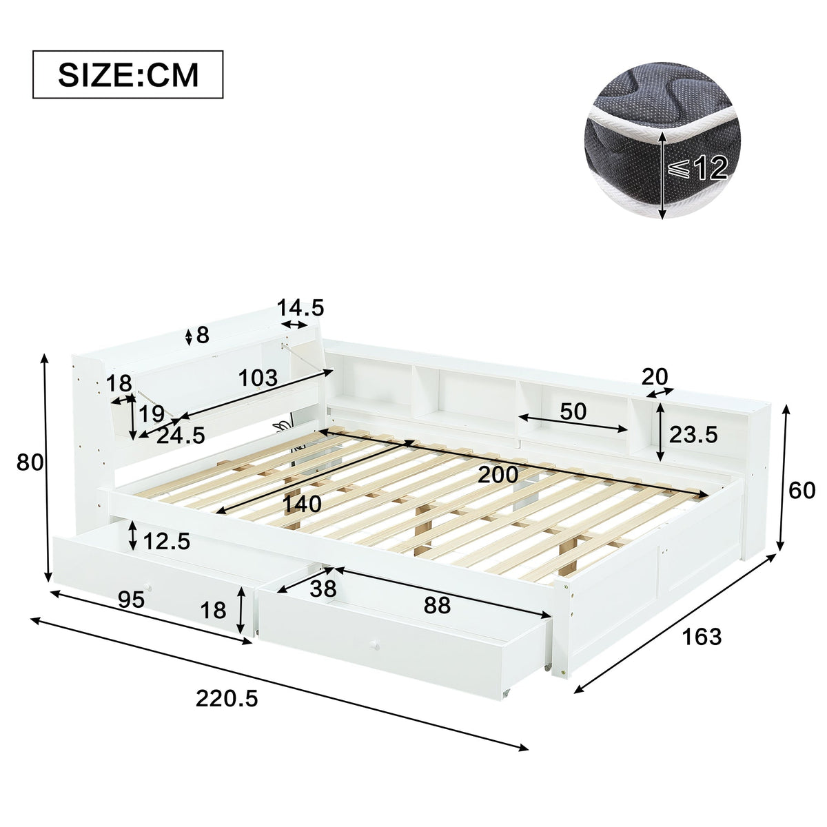 Double Bed Panel Headboard Storage Lights USB Cabinets Drawers Pine+Chipboard+MDF, White, 140x200cm