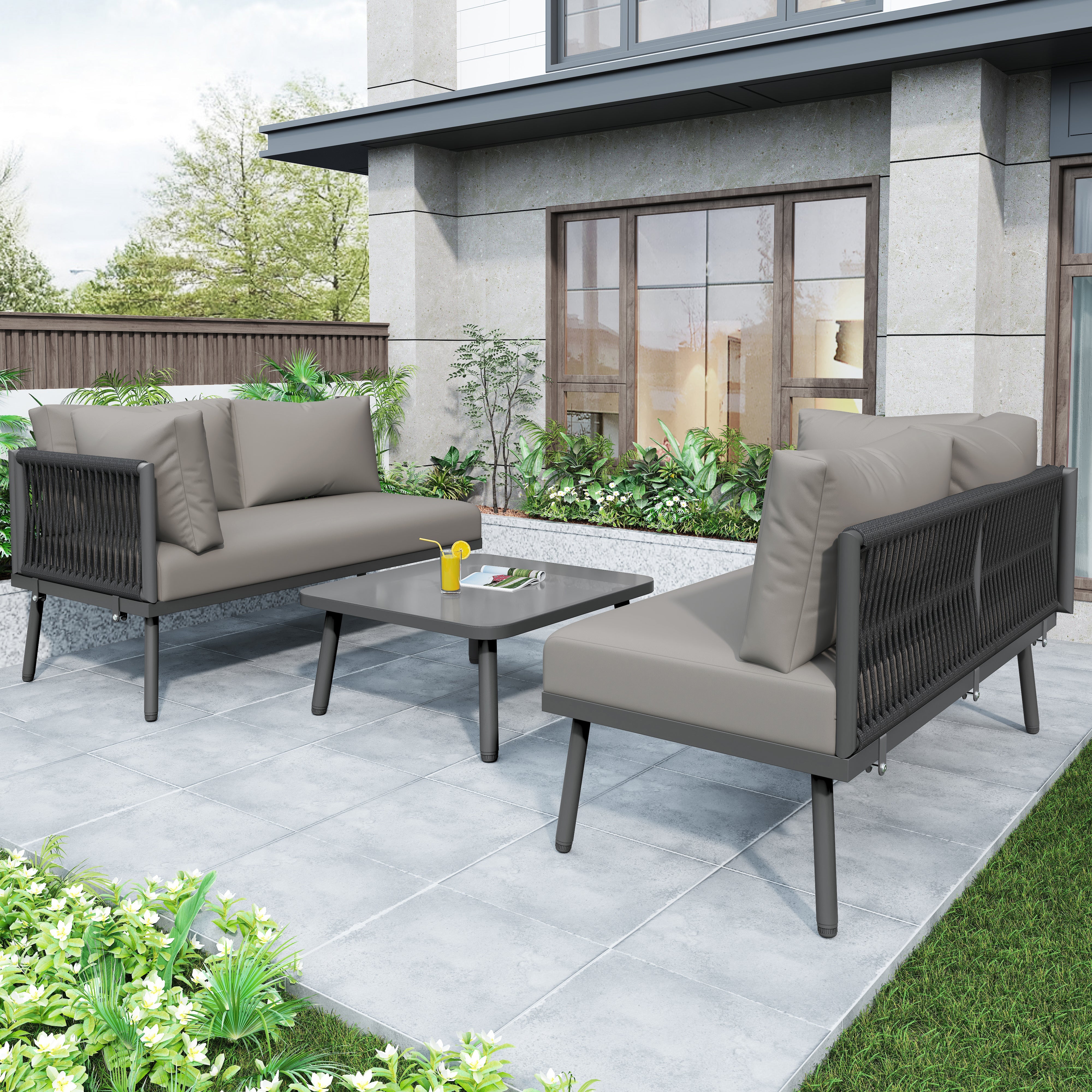 Garden Lounge Set L-Shaped 2 Sofas 1 Table Adjustable Feet Grey Rope/Iron