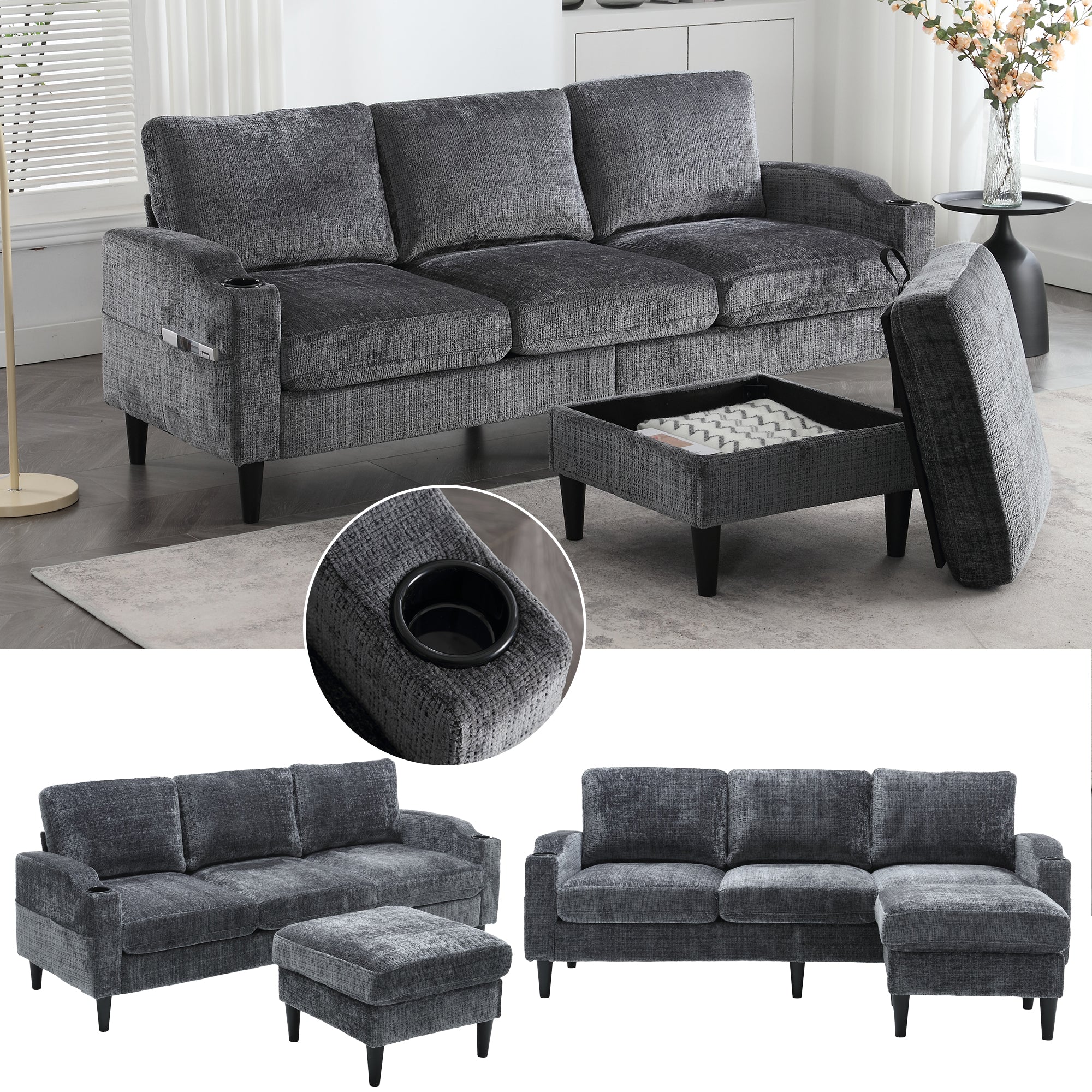 Sofa, 4-Seater with Footstool & Storage, Velvet