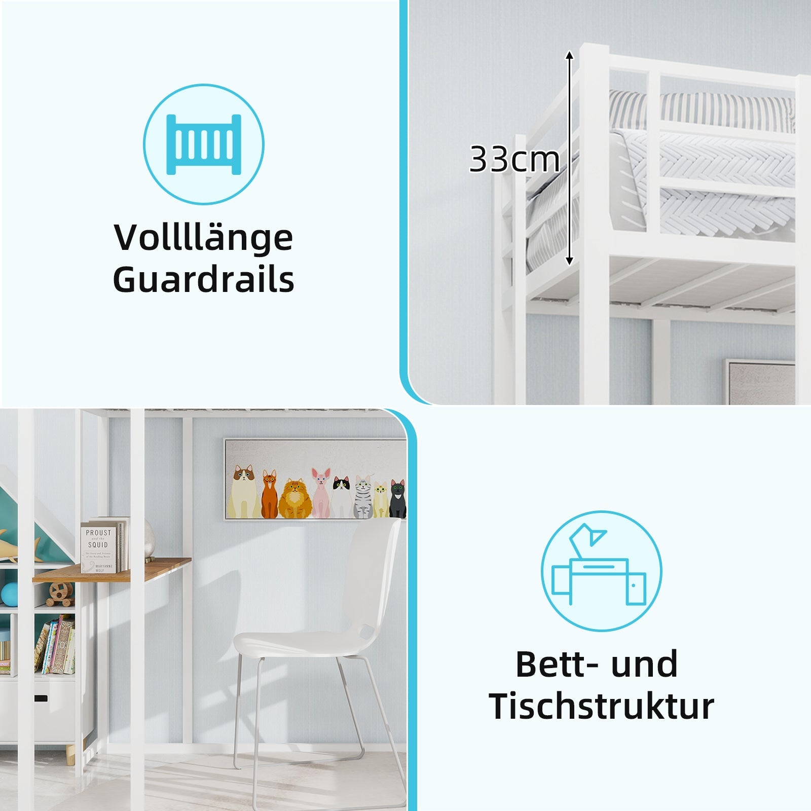 Children's Loft Bed L-Shaped Desk Railing Versatile Stairs Iron Frame ...