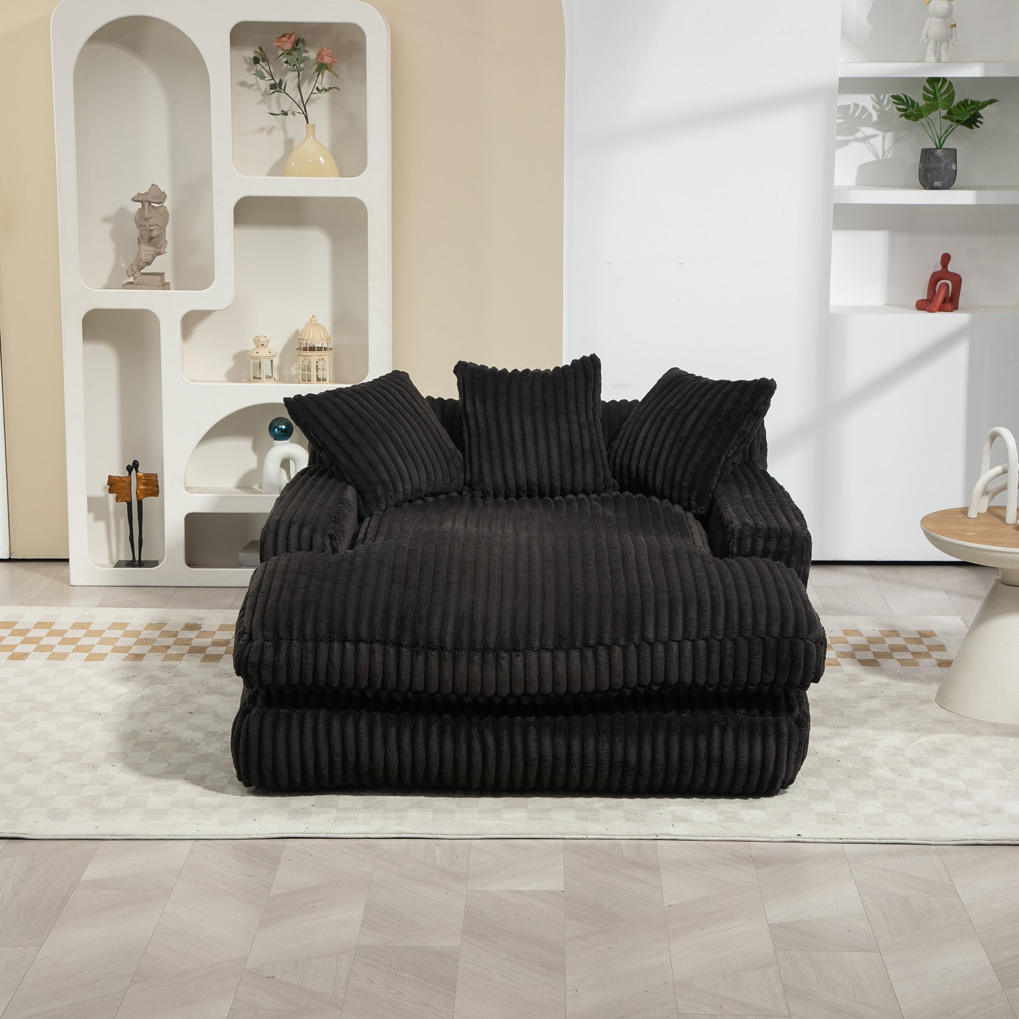 GOMYWAY Chaise Lounge Sofa Sleeper Chair with 3 Throw Pillows, Black Corduroy