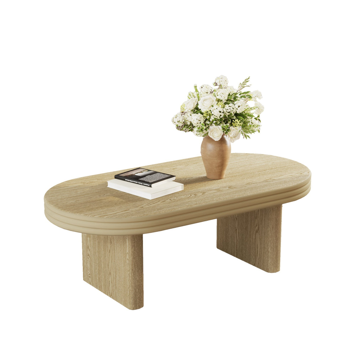 Mid Century Modern Oval Fluted Coffee Table Rustic Wood 120cm - Natural