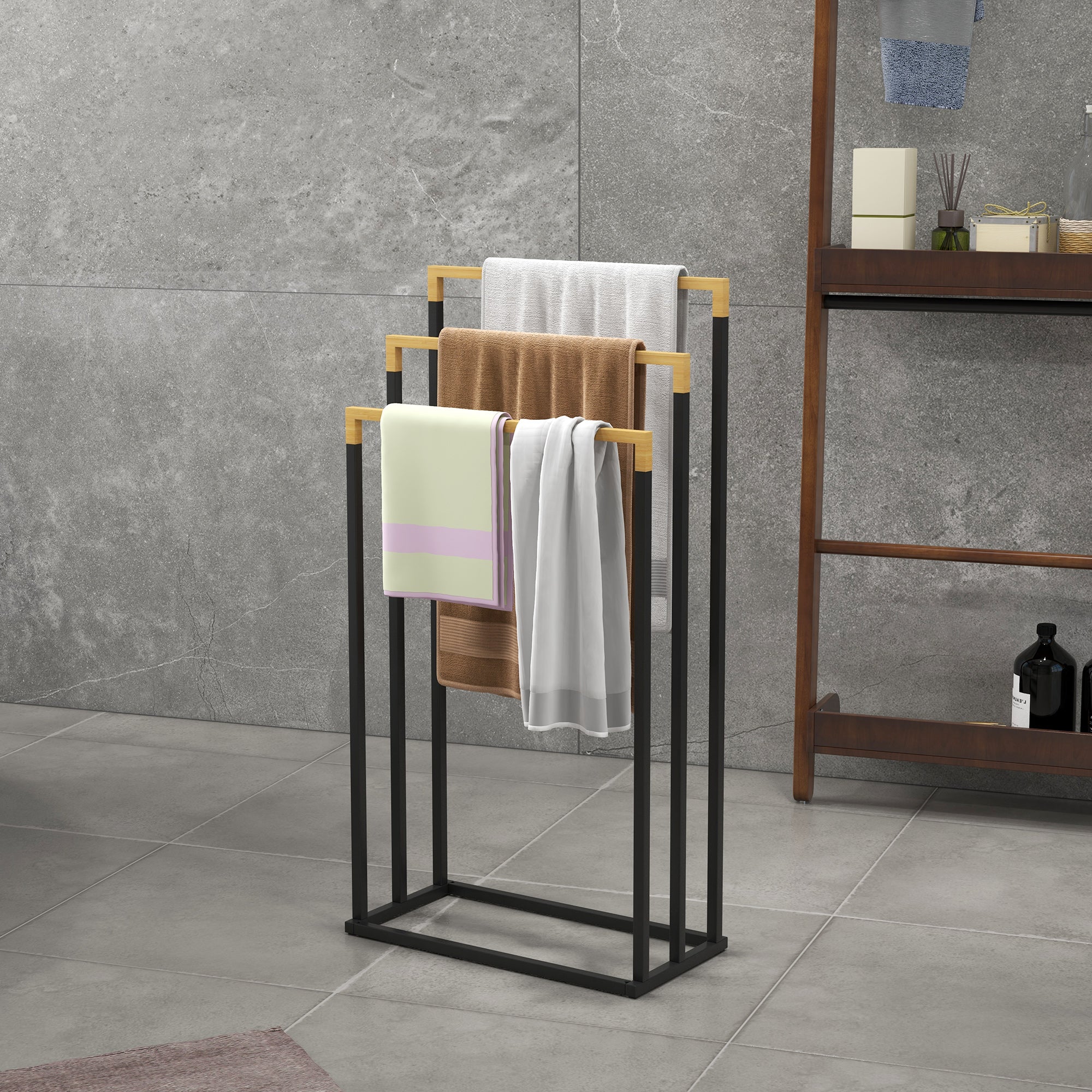 kleankin Towel Rack, 3 Bars, Steel & Bamboo, Black