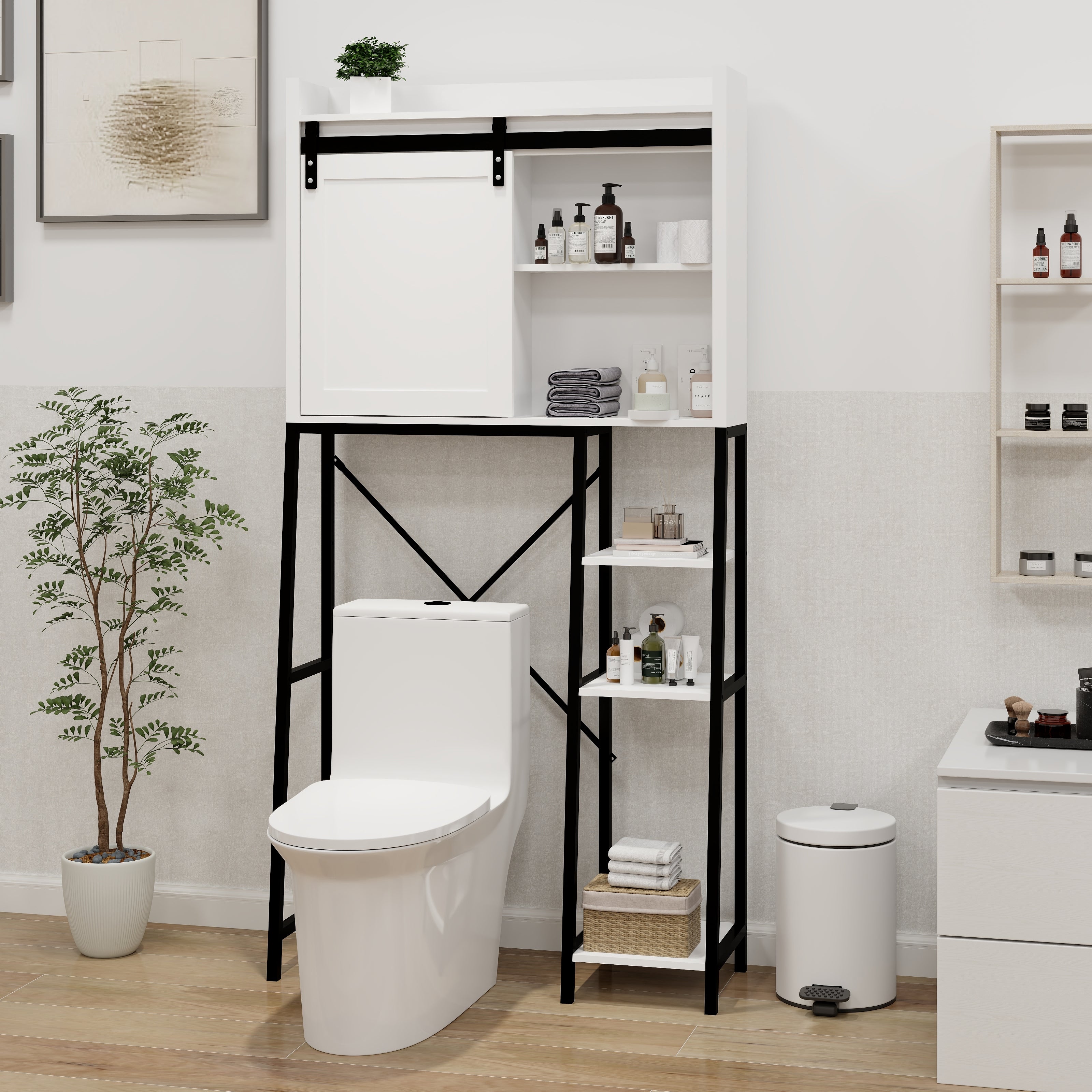 Toilettenschrank mit verschiebbarer Scheunentor & verstellbaren Regalböden – Weiß