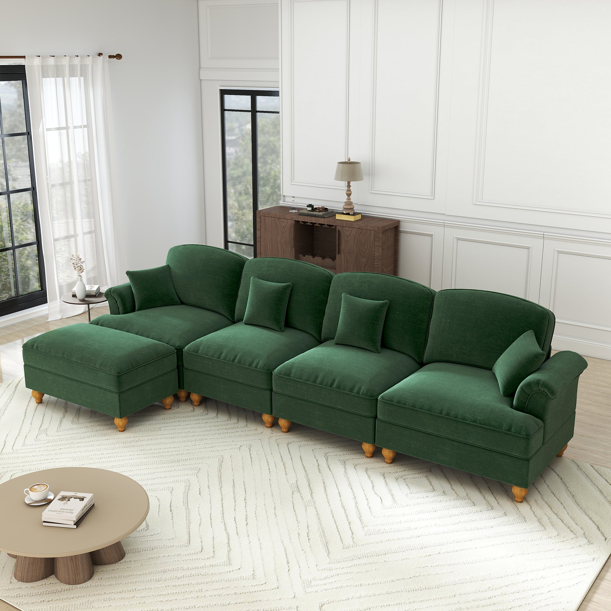 Classic Modular L-Shaped 4-Seater Sofa w/ Movable Ottoman Deep Seat, Chenille Green