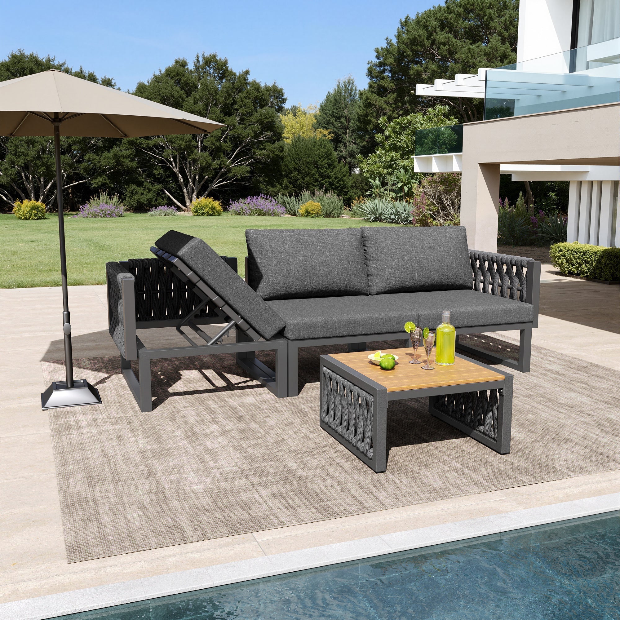 Garden Furniture Set 6-Person Lounge Double Sun Lounger Adjustable Backrest Cushions - Grey
