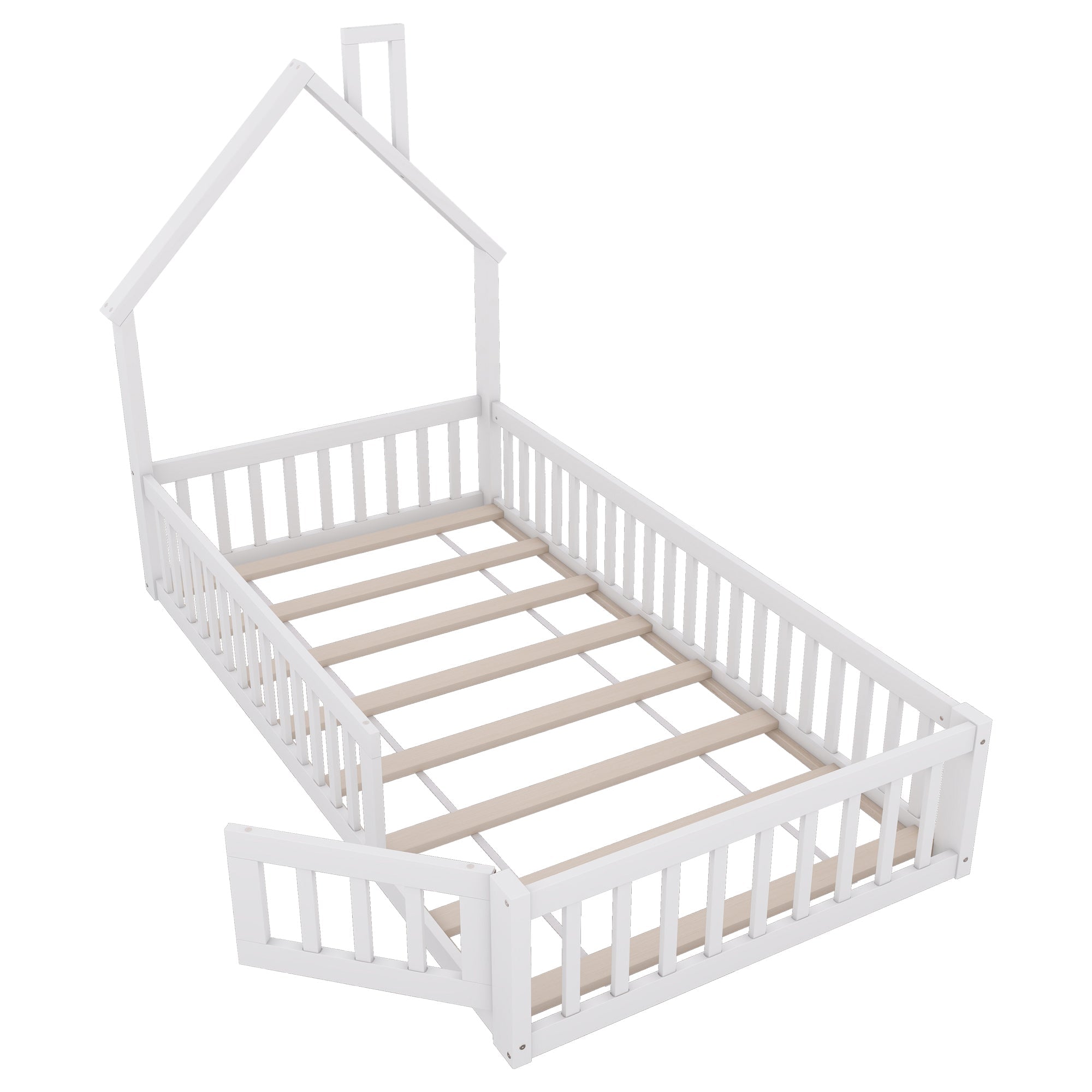 House Bed 90x200cm Chimney Slatted Base - White Pine Wood
