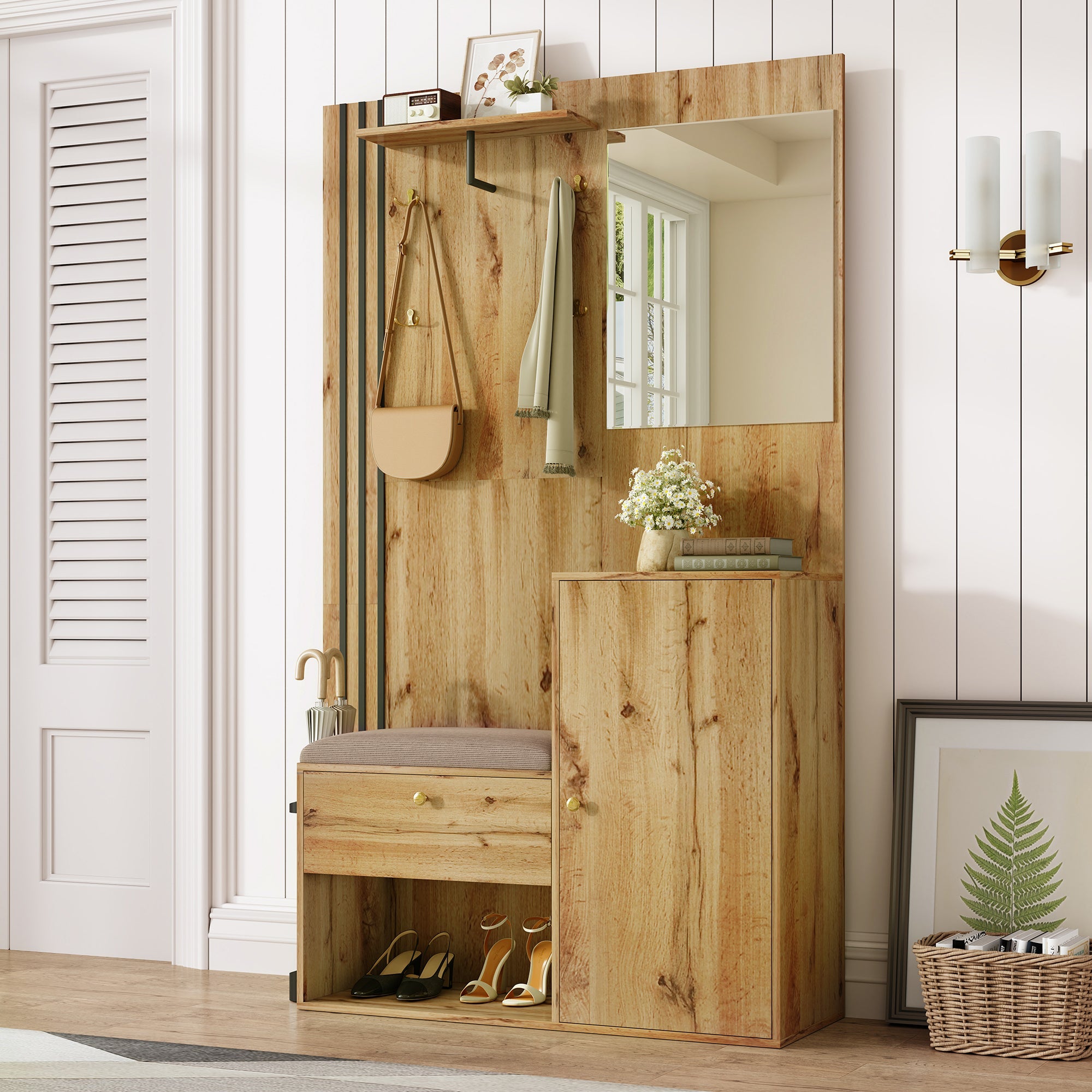 Wardrobe Set, Compact Hallway with Mirror & Cushion, Black Trim