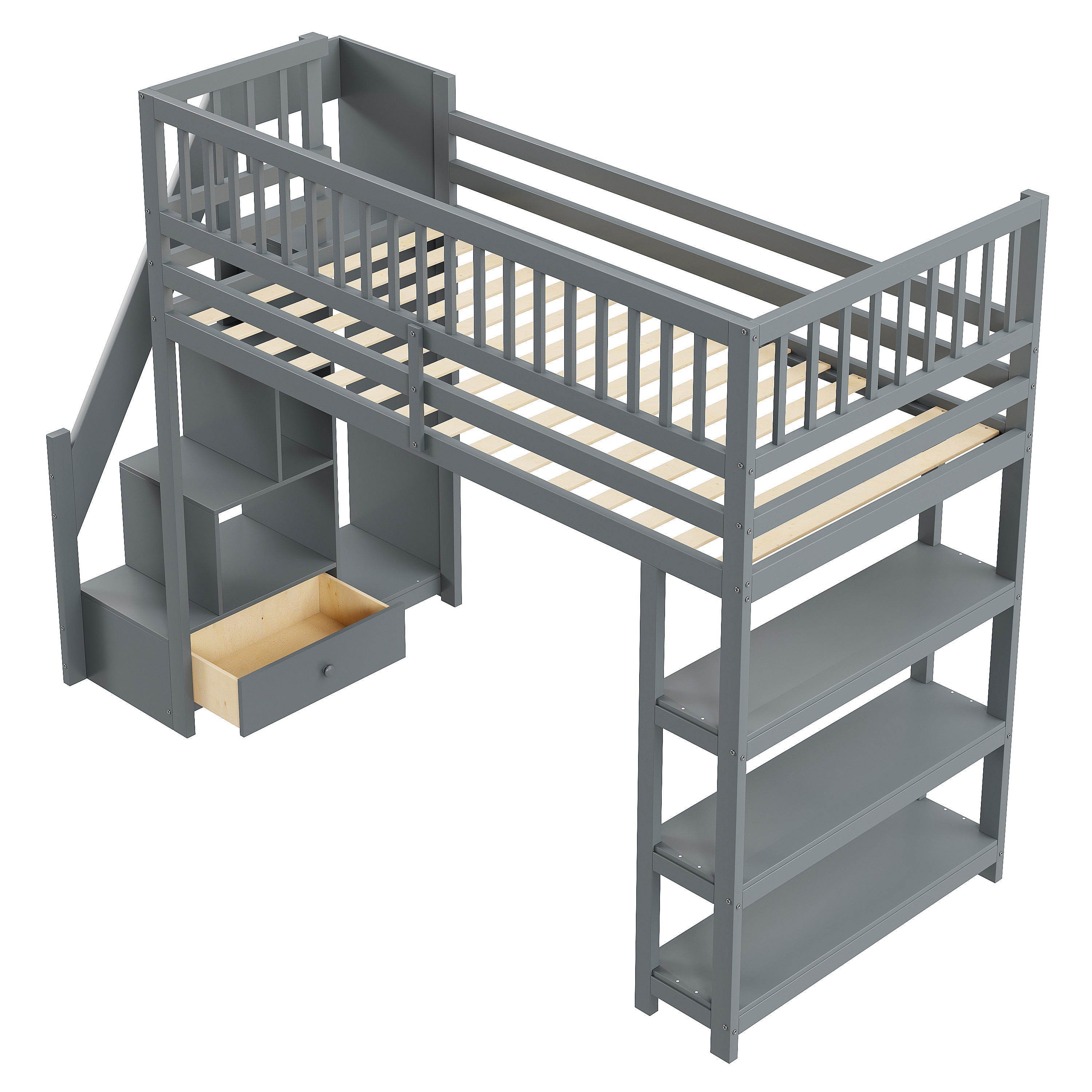 Loft Bed, 90x200 Multifunctional with Wardrobe & Storage, Grey Wooden