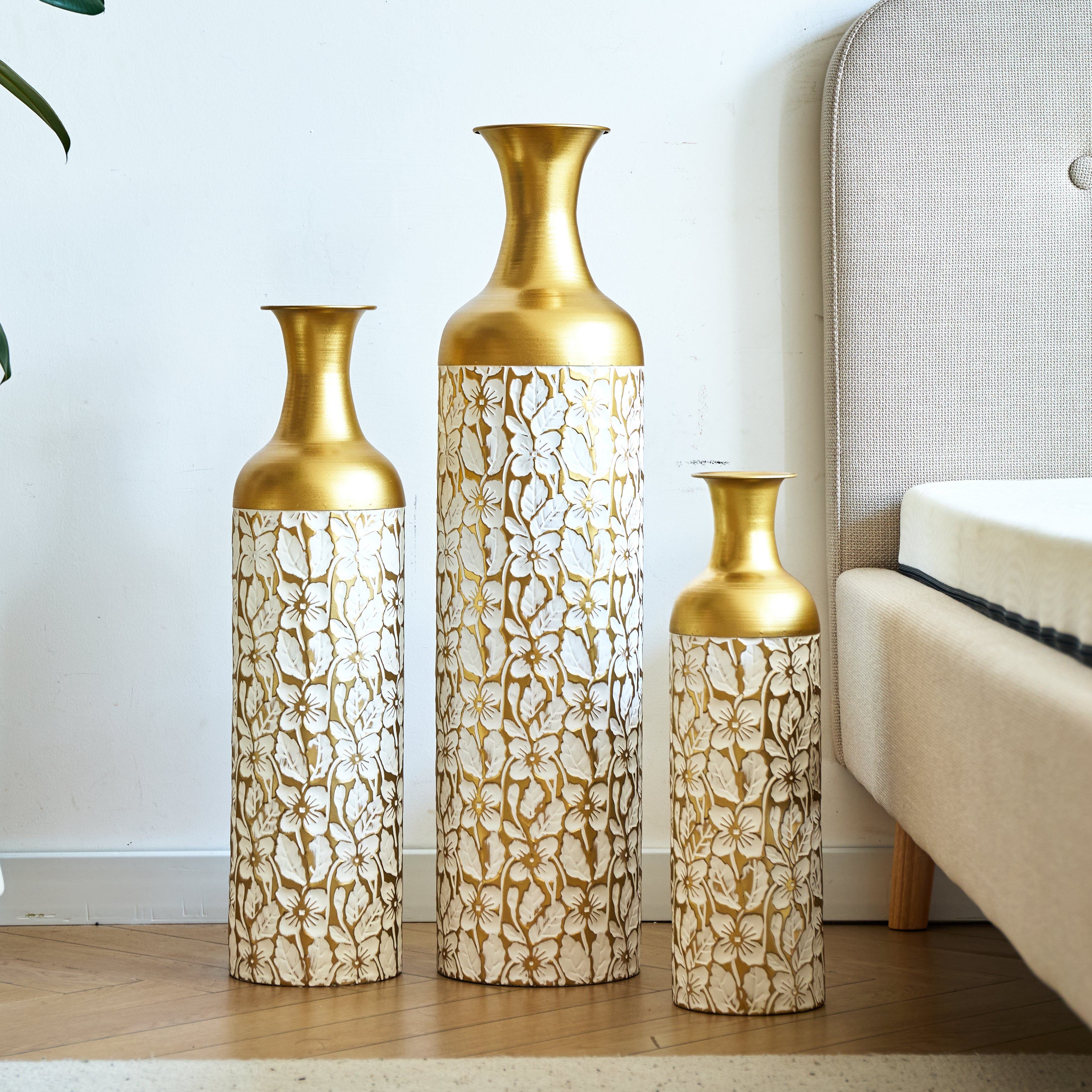 Floor Vase Set 3 Retro 83/65/50cm High White Gold Metal