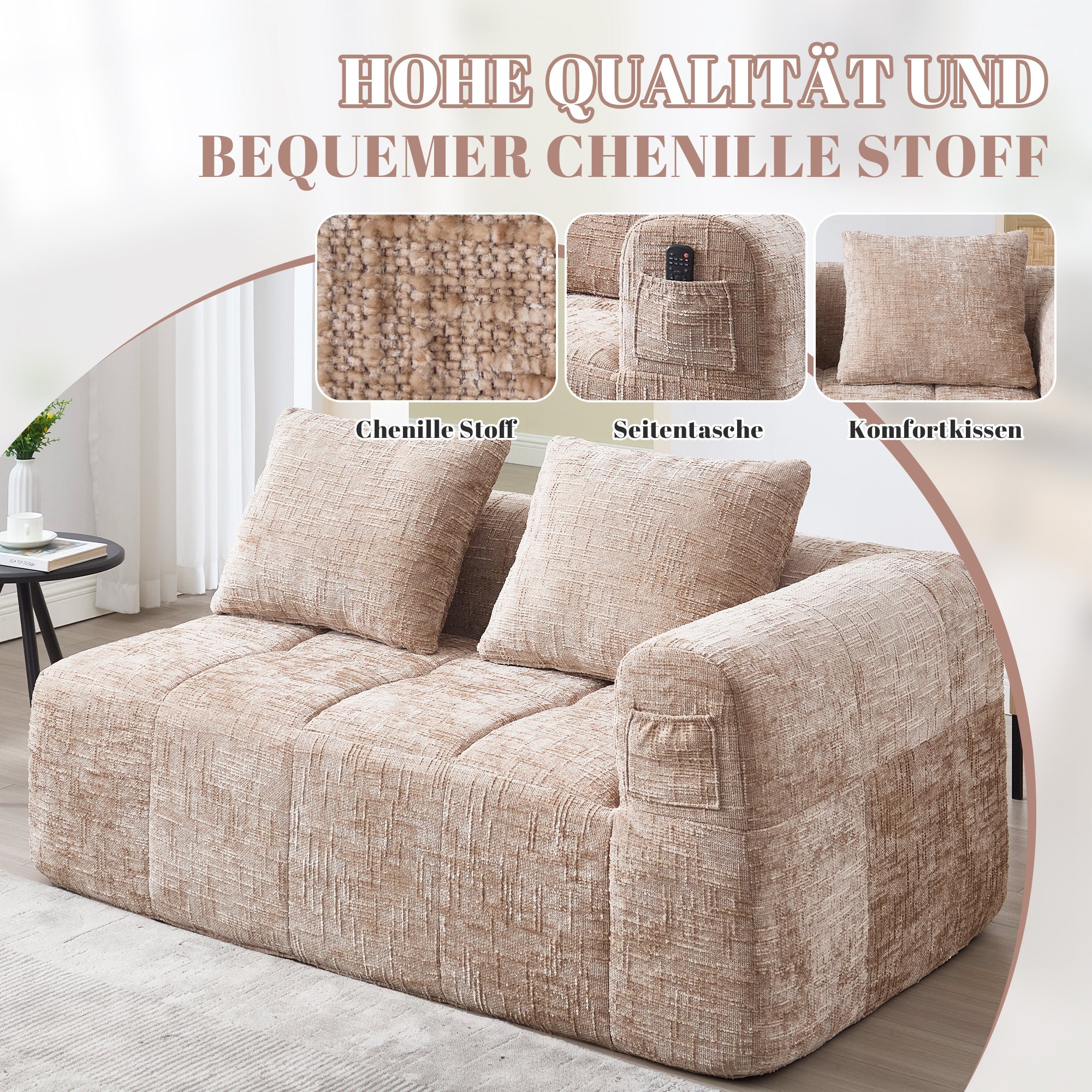 Sofa, 2-Person Plush No Assembly Side Pockets, Khaki