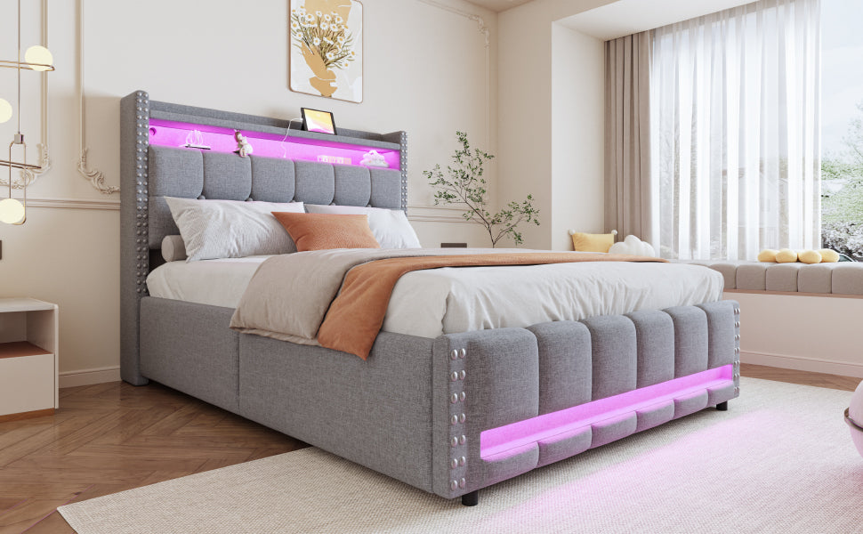 Upholstered Bed 140x200cm, LED & USB, Hydraulic Storage, Light Grey Linen