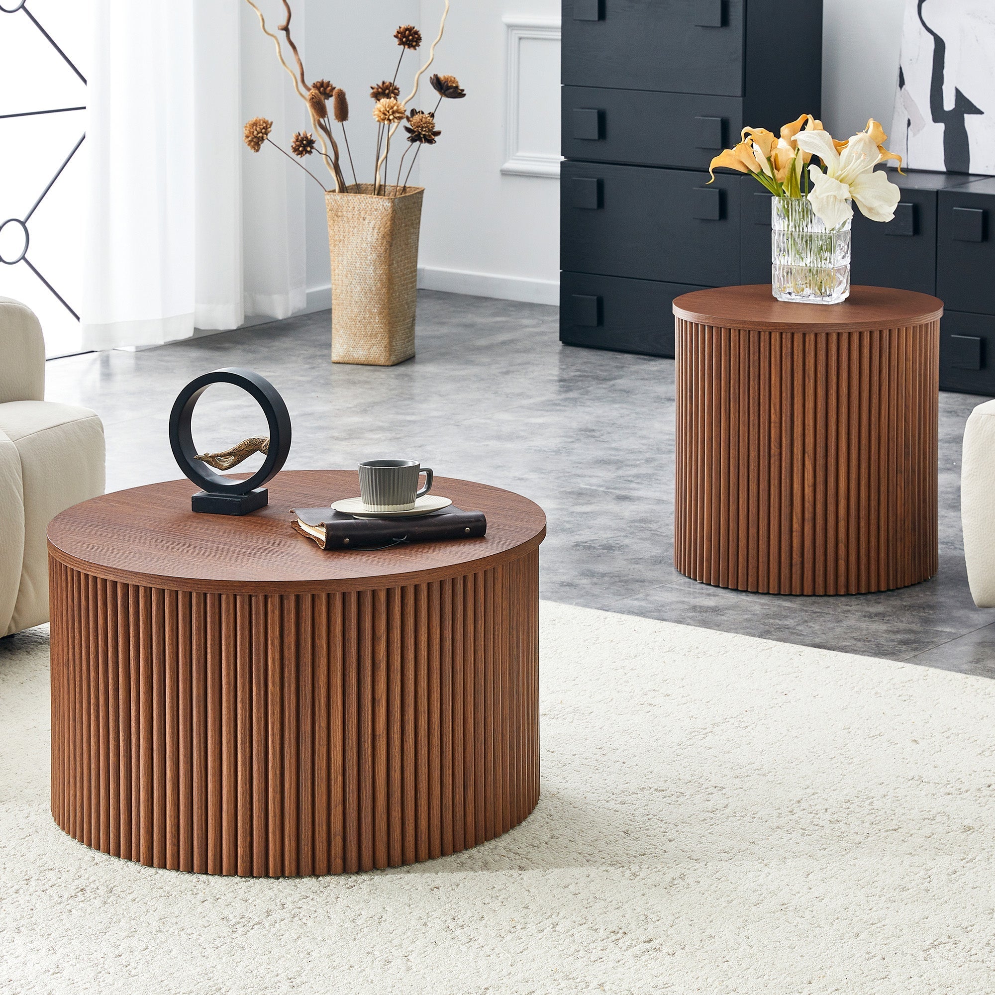 2-Piece Nesting Coffee Table Set, Roman Column Round Design with Built-in Storage, Walnut Grain MDF