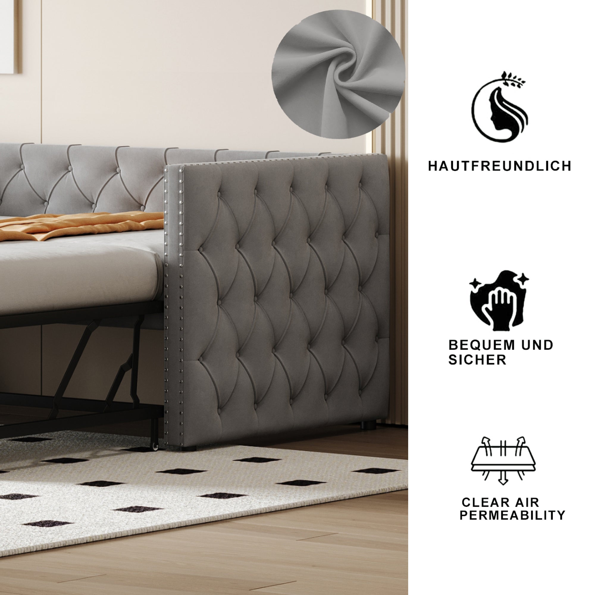Extendable Sofa Bed with Slatted Base and Guest Bed Function, 90x200cm, Light Grey Velvet