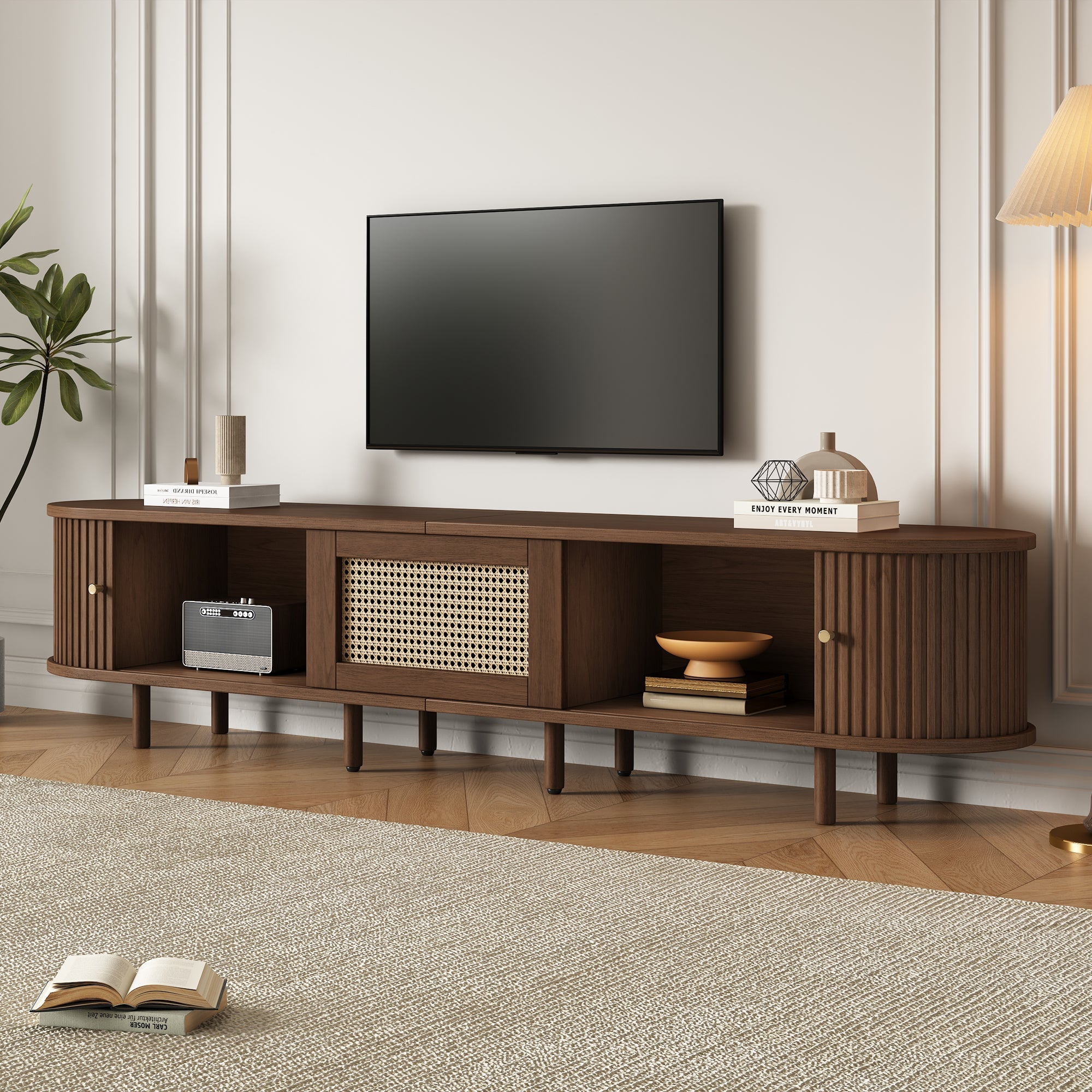 TV Stand with 1 Rattan Drawer, 2 Sliding Doors, Oval for 70 Inch TV, Dark Oak MDF