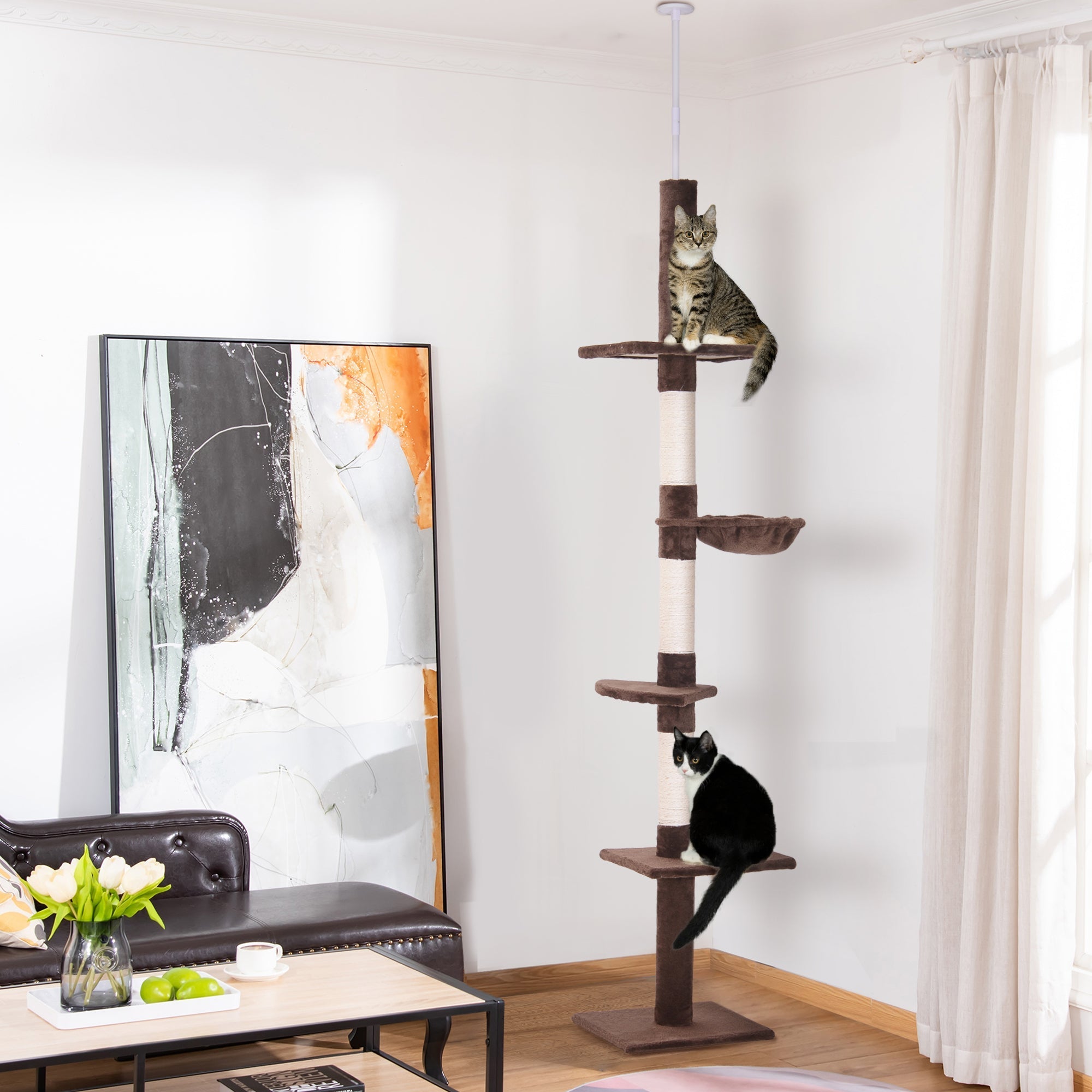 PawHut Cat Tree, Ceiling Height Adjustable, Sturdy with Sisal Posts, Brown