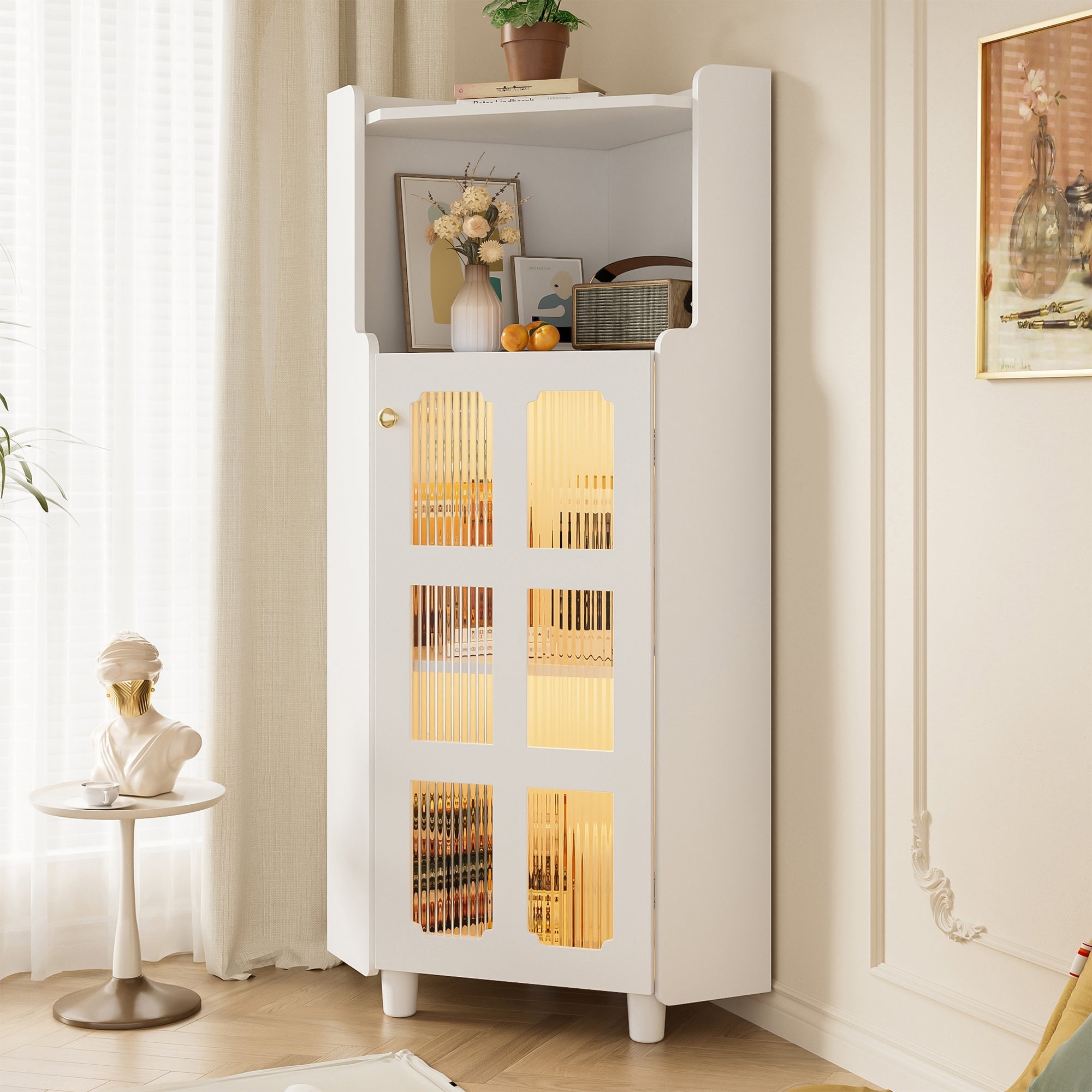 Corner Cabinet LED Lighting App Control Lacquered 63.5x124cm - White