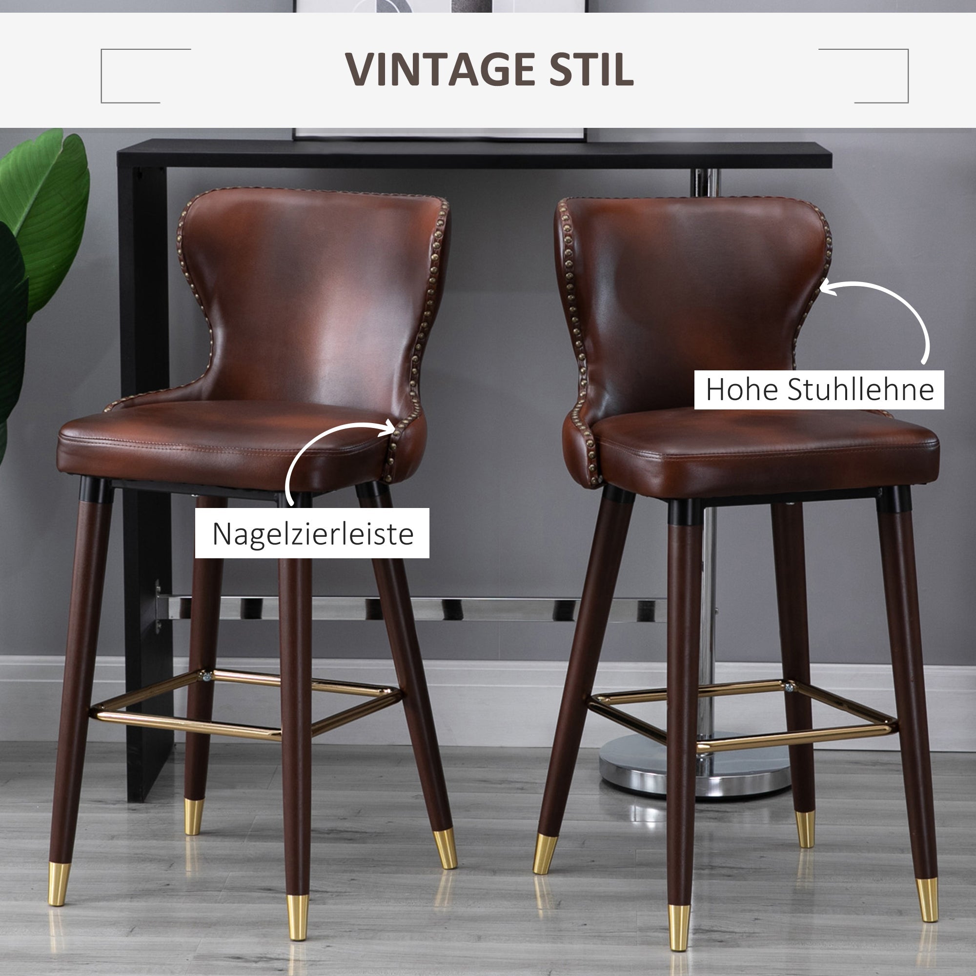 Bar Stool Set of 2, Bistro Chairs Footrest Backrest, PU Brown