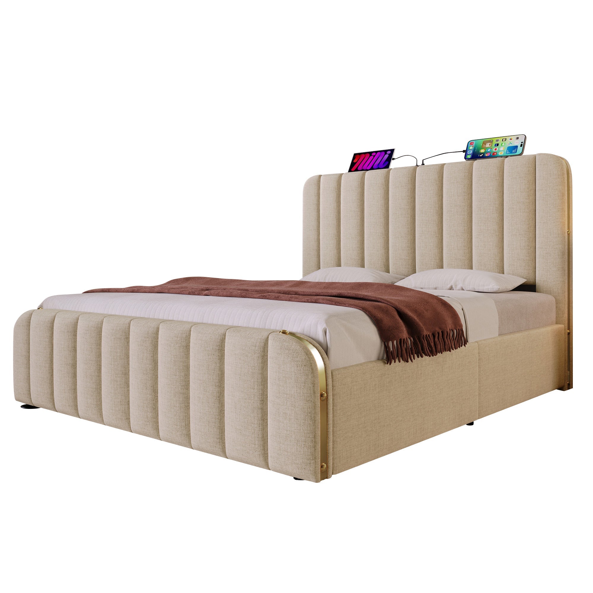 Upholstered Bed 160x200cm Double Padded Headboard USB Type-C Hydraulic Storage, Beige Linen