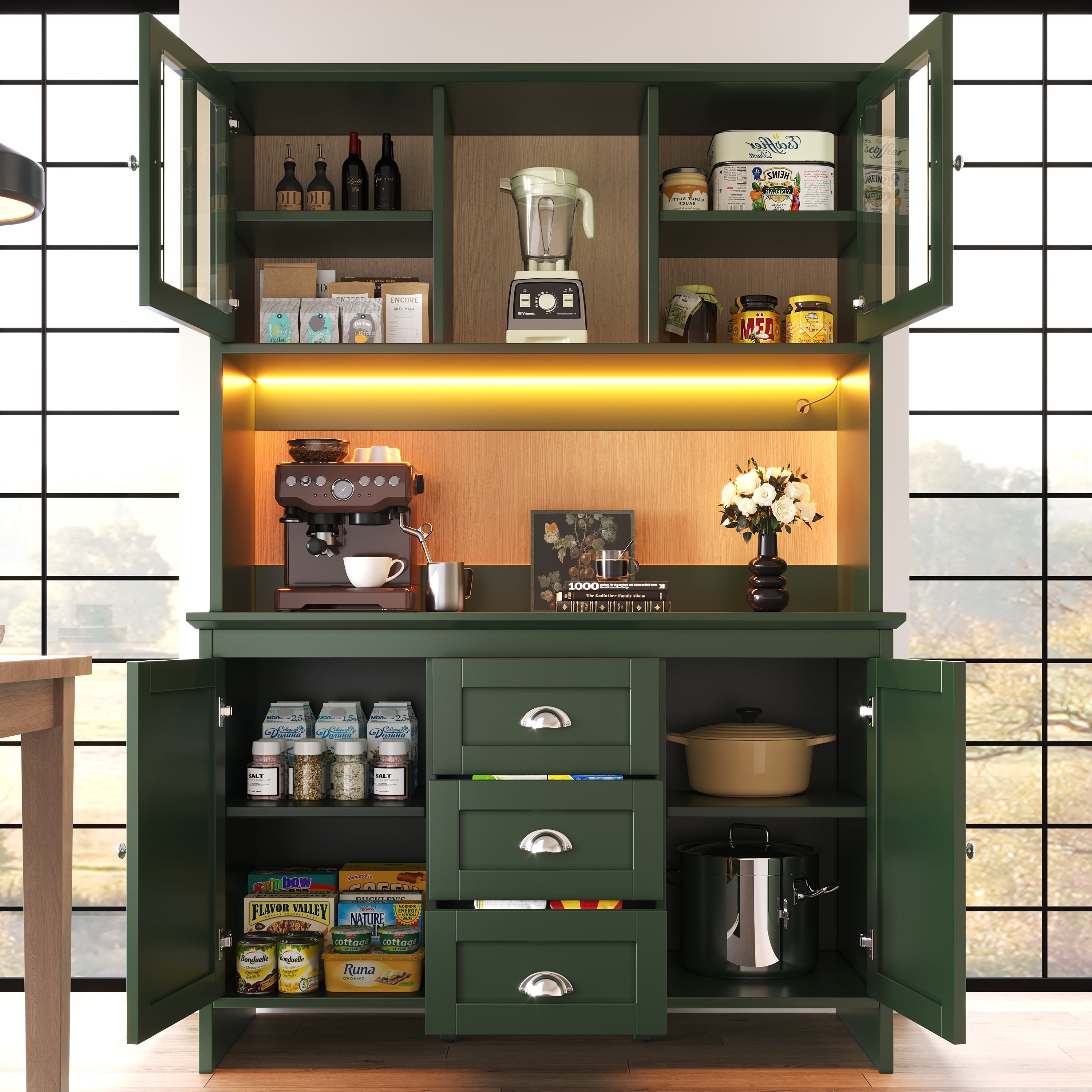 Tall Kitchen Cabinet Sideboard with Brown Glass Doors and LED Lighting, Green