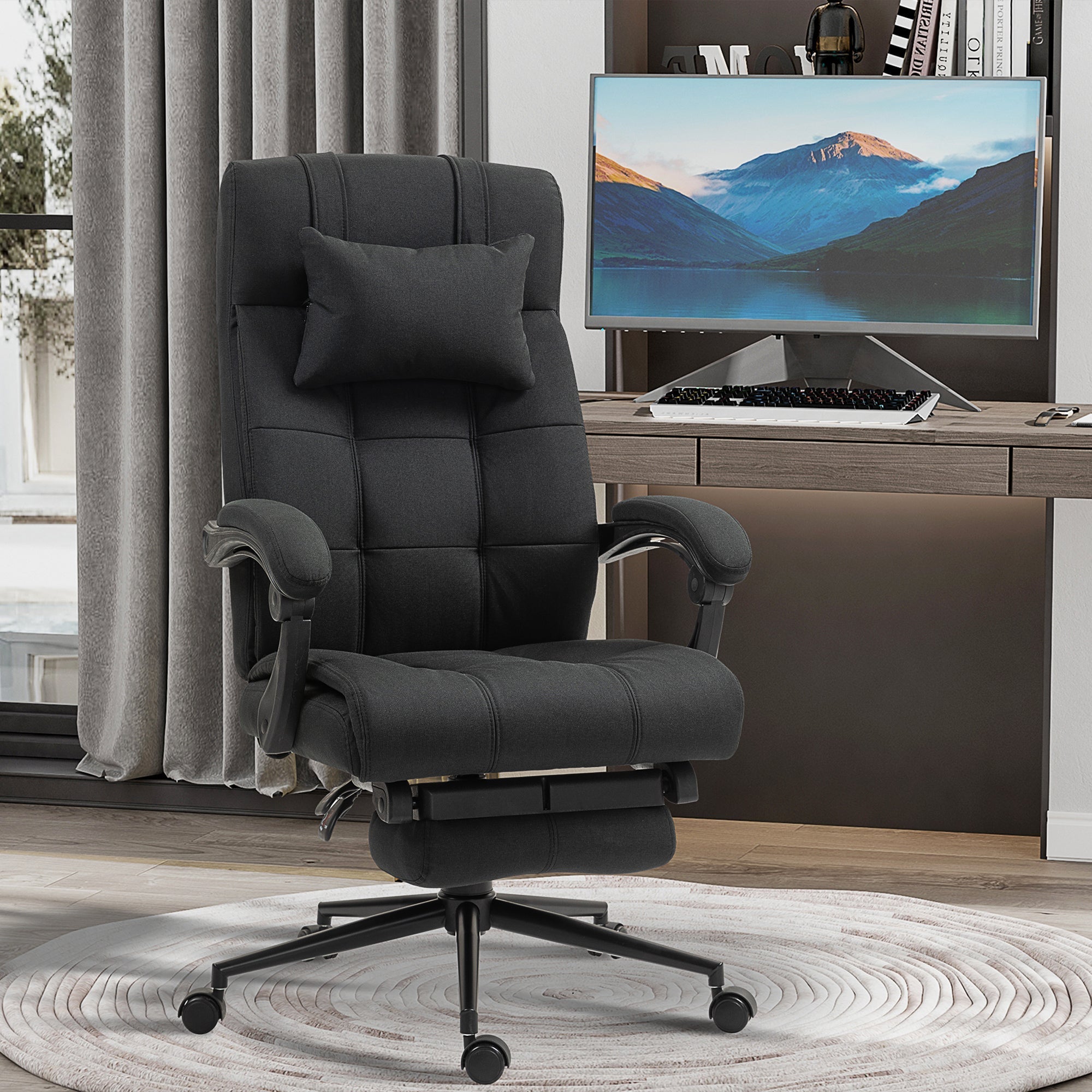 Office Desk Chair, Reclining Backrest Footrest Headrest Swivel Wheels, Black