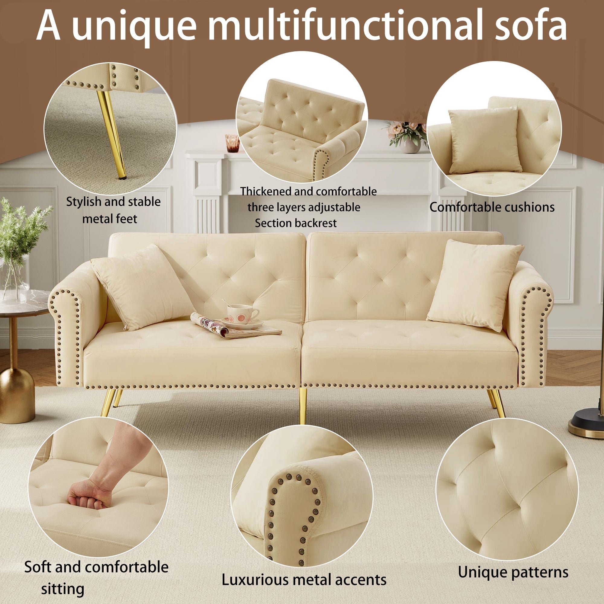 Modernes 2-Sitzer Schlafsofa mit 3-fach verstellbarer Rückenlehne, Samt