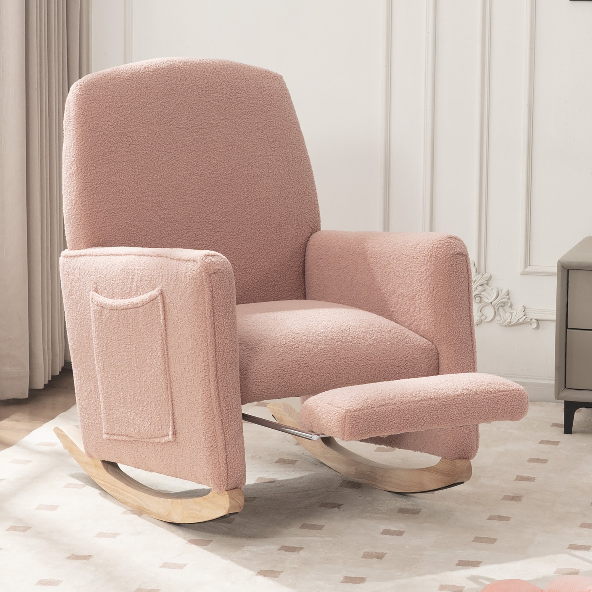Rocking Chair with Stool, Indoor Recliner with High Backrest, Pink Teddy Fabric