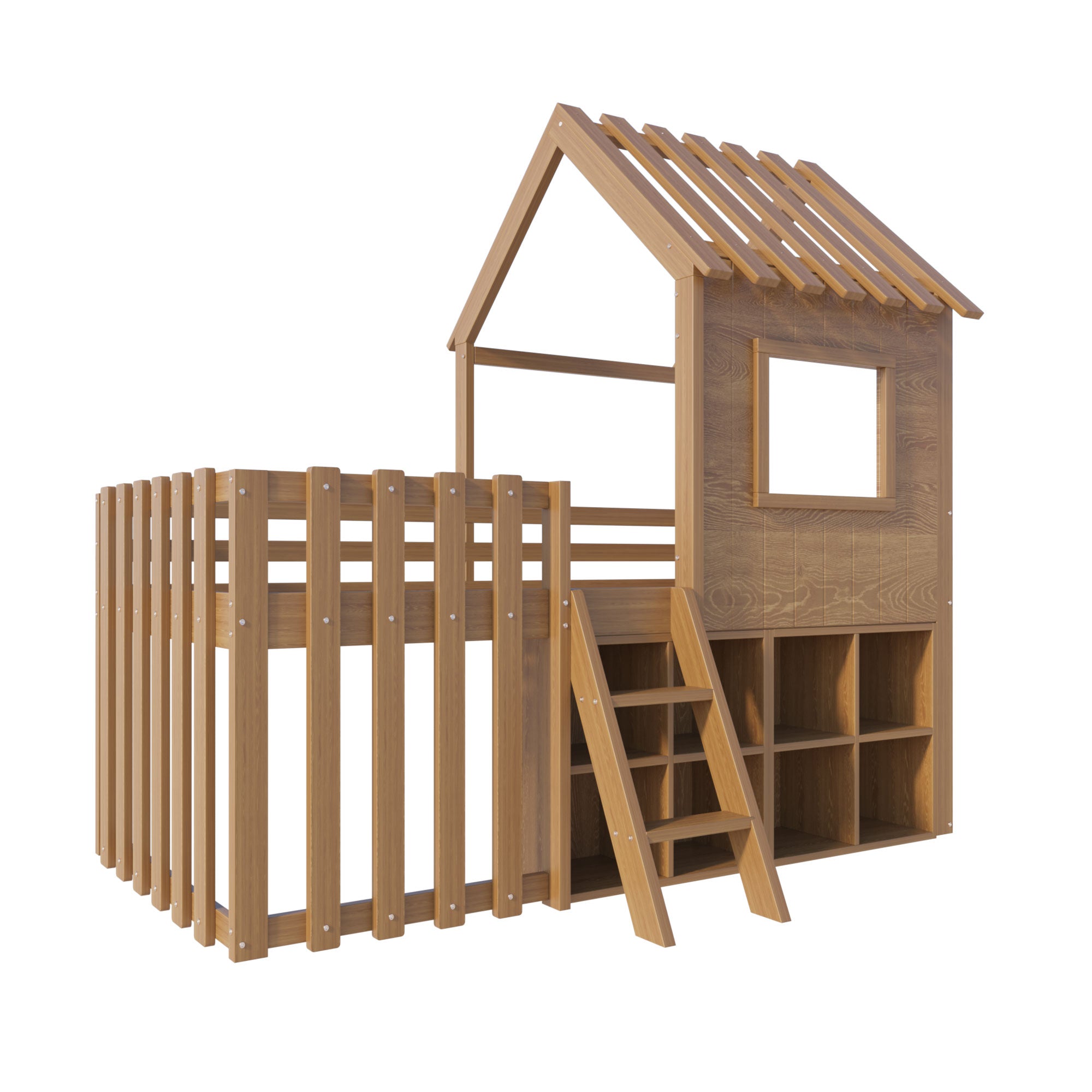 Children's House Bed 90x200 with Roof, Window, Storage & Ladder, Solid Wood