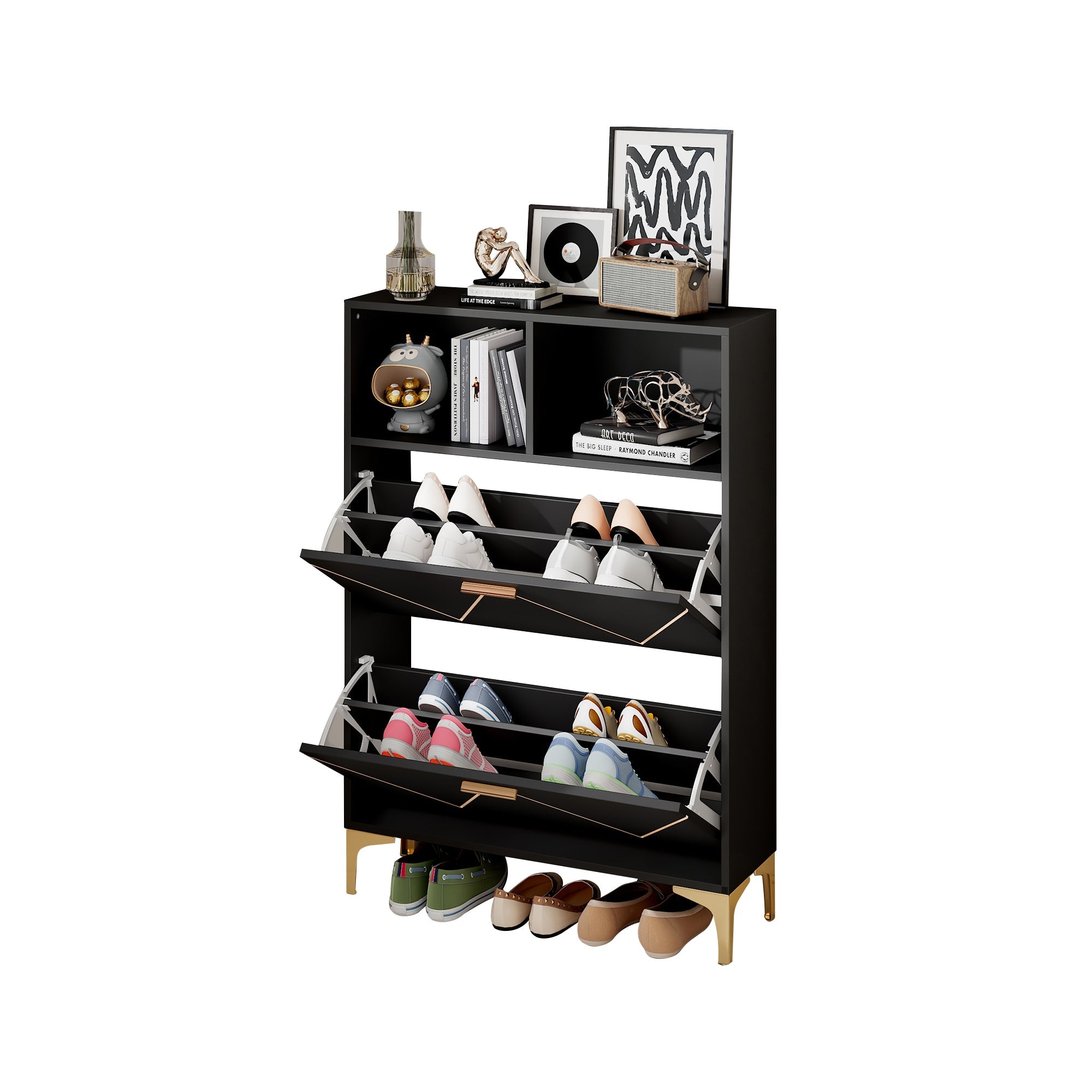Shoe Cabinet 80x25x117cm Drop-Down Doors Storage Shelves Raised Legs, MDF+Metal