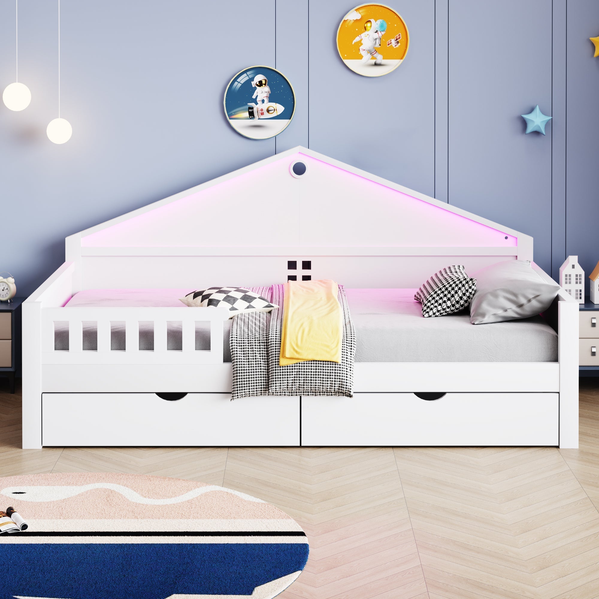 Children's Bed 90x200 cm with LED Light Strip and Storage Drawers, White