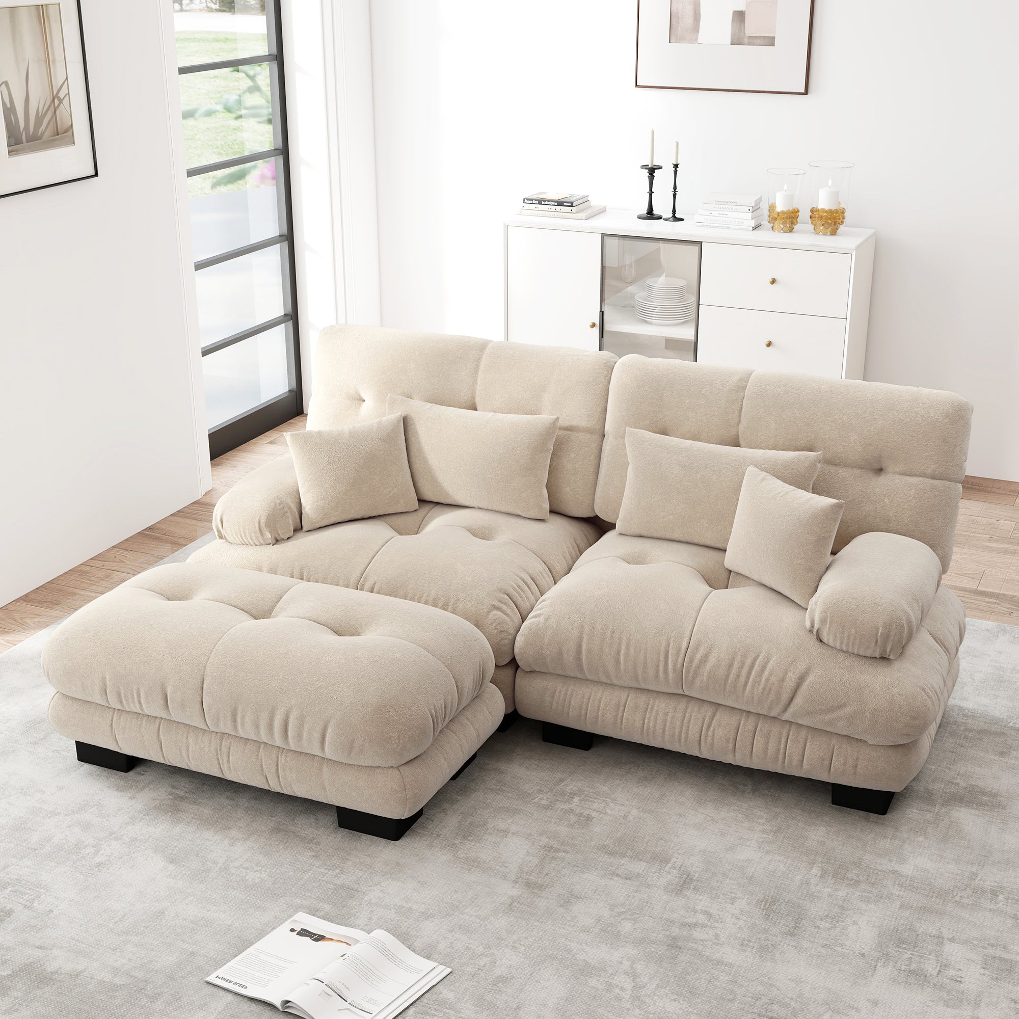 Cloud Corner Sofa, Double with Lumbar & Decorative Pillows, Ottoman, Chenille Light Brown