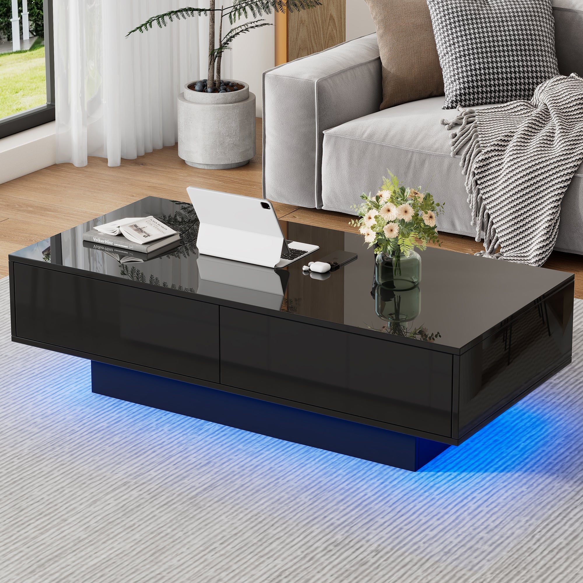Modern Coffee Table, 115x55x34cm with 2 Drawers, LED Lighting, Black High-Gloss