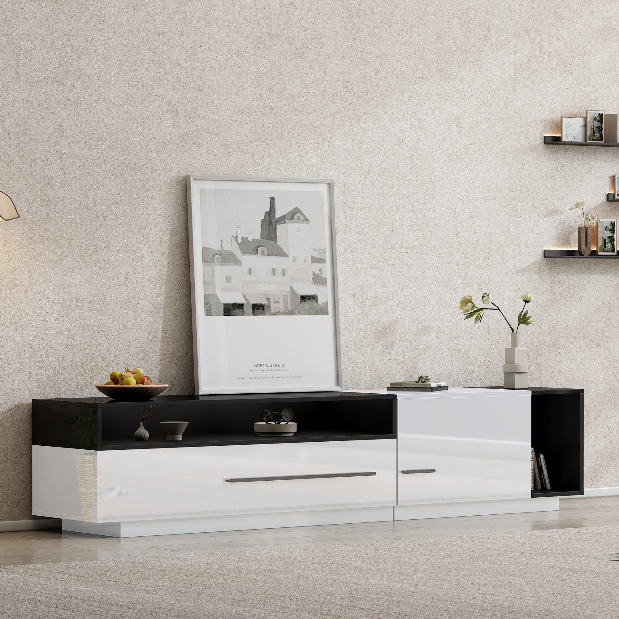High-Gloss TV Cabinet, 170cm Lowboard for 70-inch TVs with Drawer & Door