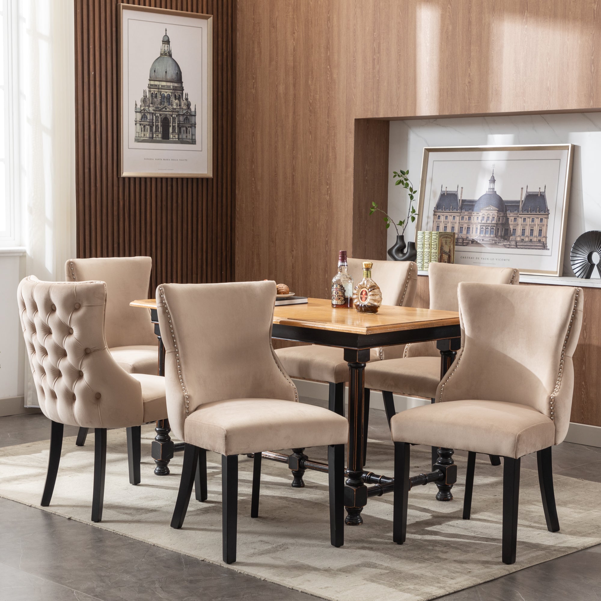 Dining Chair - Button Tufting, Solid Wood Frame - Beige Velvet (Set of 6)