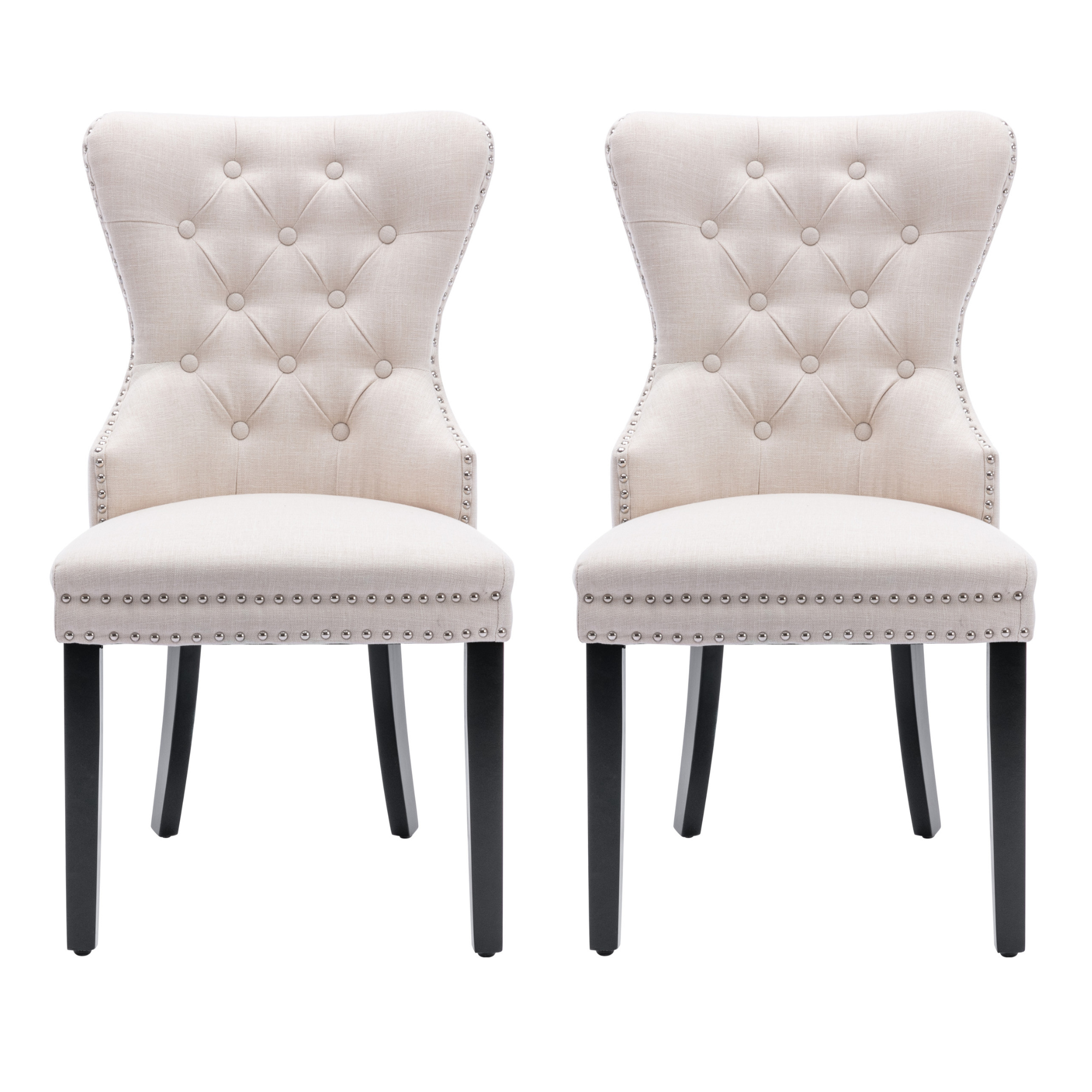 Linen Dining Chair Set of 2 - Oak Legs, Button and Nailhead Trim - Beige Linen